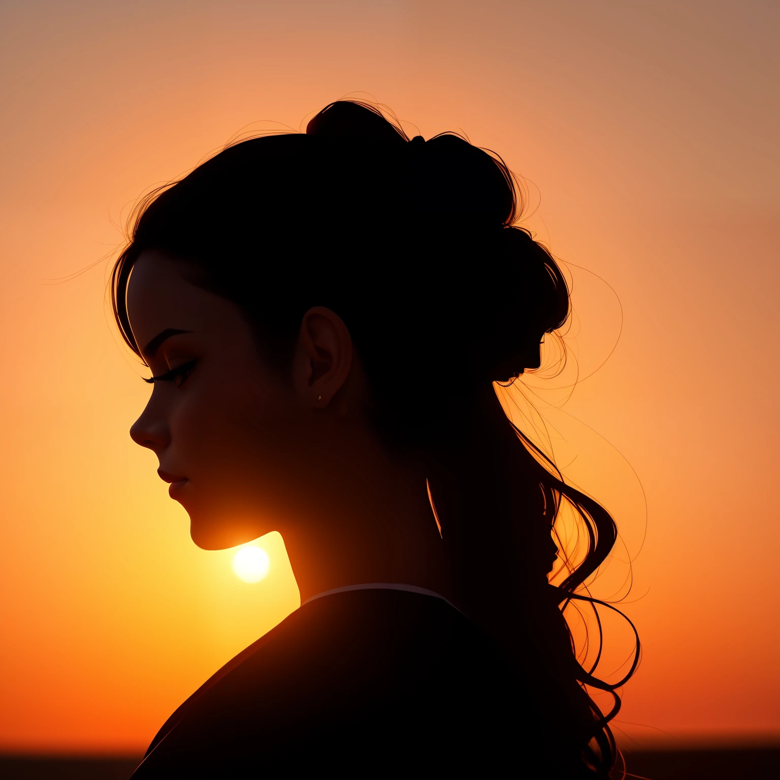 silhouette of a woman with her hair in a bunt at sunset, woman silhouette, a woman's profile, silhouette, silhoutte, silhouette over sunset, sunset glow around head, woman's profile, girl watching sunset, sunset halo behind her head, detailed silhouette, silhouetted, in the sunset, sunset halo around her head, backlit face