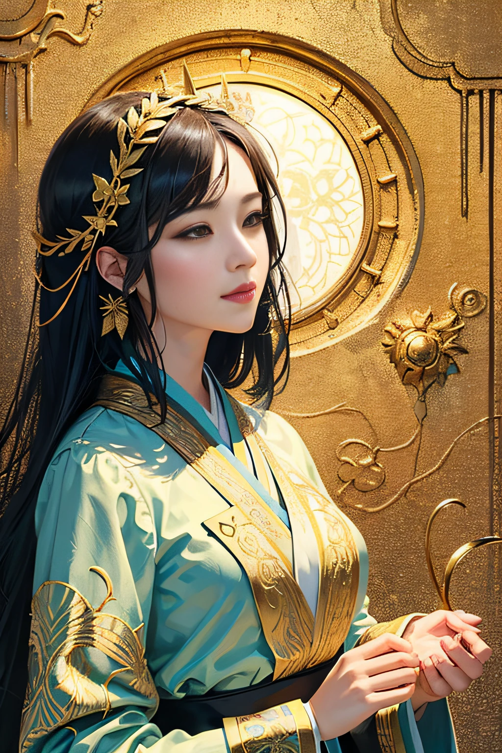 An Arad woman in a green and gold dress stands in front of the Golden Gate, Palace ， A girl in Hanfu, Beautiful character painting, ((a beautiful fantasy empress)), a beautiful fantasy empress, A beautiful artwork illustration, Guviz-style artwork, Beautiful digital artwork, Beautiful digital illustration, beautiful fantasy art portrait, Princesa chinesa antiga
