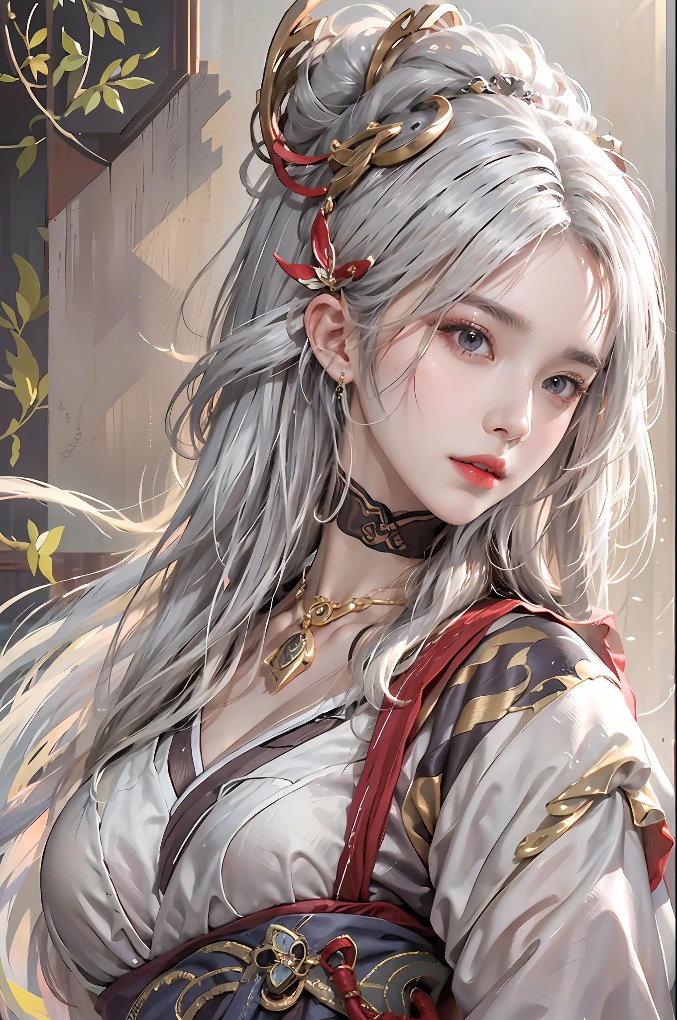 photorealistic, high resolution, 1women, solo, hips up, look at viewer, (detailed face), narrow waist, closed lips, white hair, long hair,ganyu \(genshin impact\), jewelry