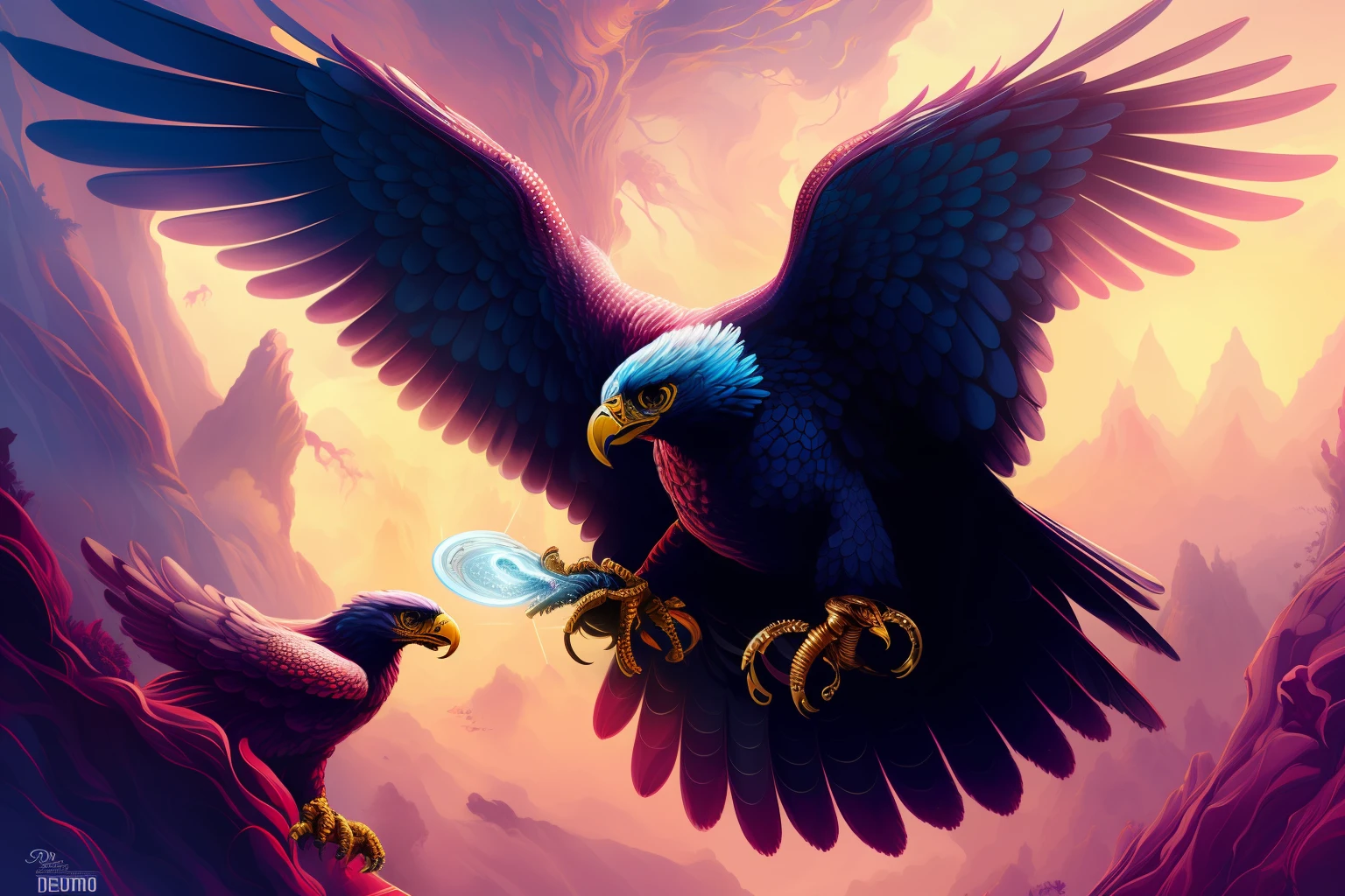Arte completa detalhada de Dan Mumford pincel grosso preto em formato 8k. HQ, Vivid colors and sharp focus, detalhes intrincados extremamente detalhados. Close-up - Awesome, fantastic, amazing eagle eye. Cores Greg Rutkowski e Greg Tocchini. Extreme large number of details, usar tonalidades azul e dourado