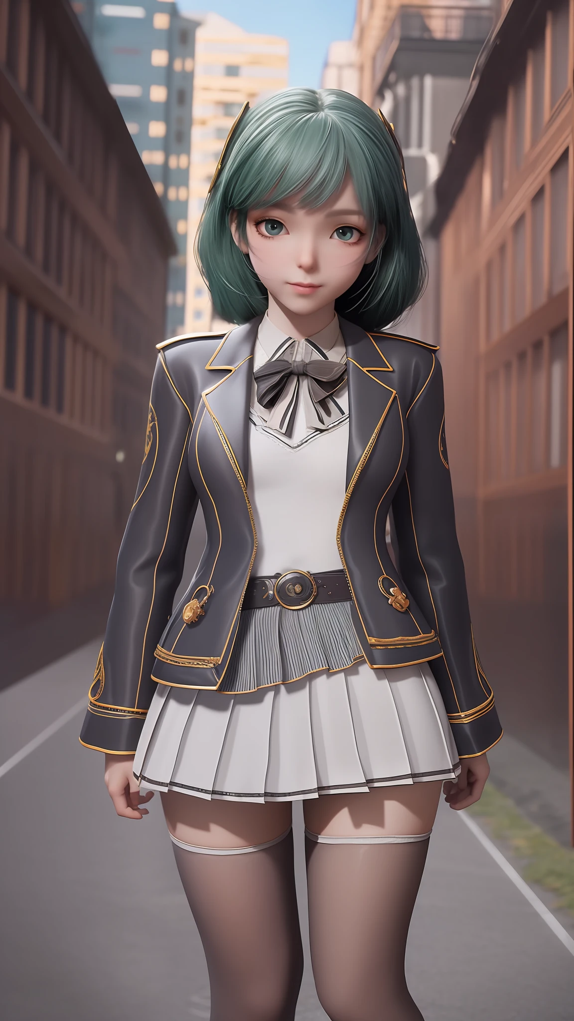 There is a woman in a short skirt and jacket posing for a photo, Surrealism female students, Surrealism female students, Realistic schoolgirl, photorealistic anime girl rendering, small curvaceous loli, thighhighs and skirt, 3 d anime realistic, highly detailed giantess shot, Photorealistic anime, photorealistic full body, [ 4 K photorealism ]!!