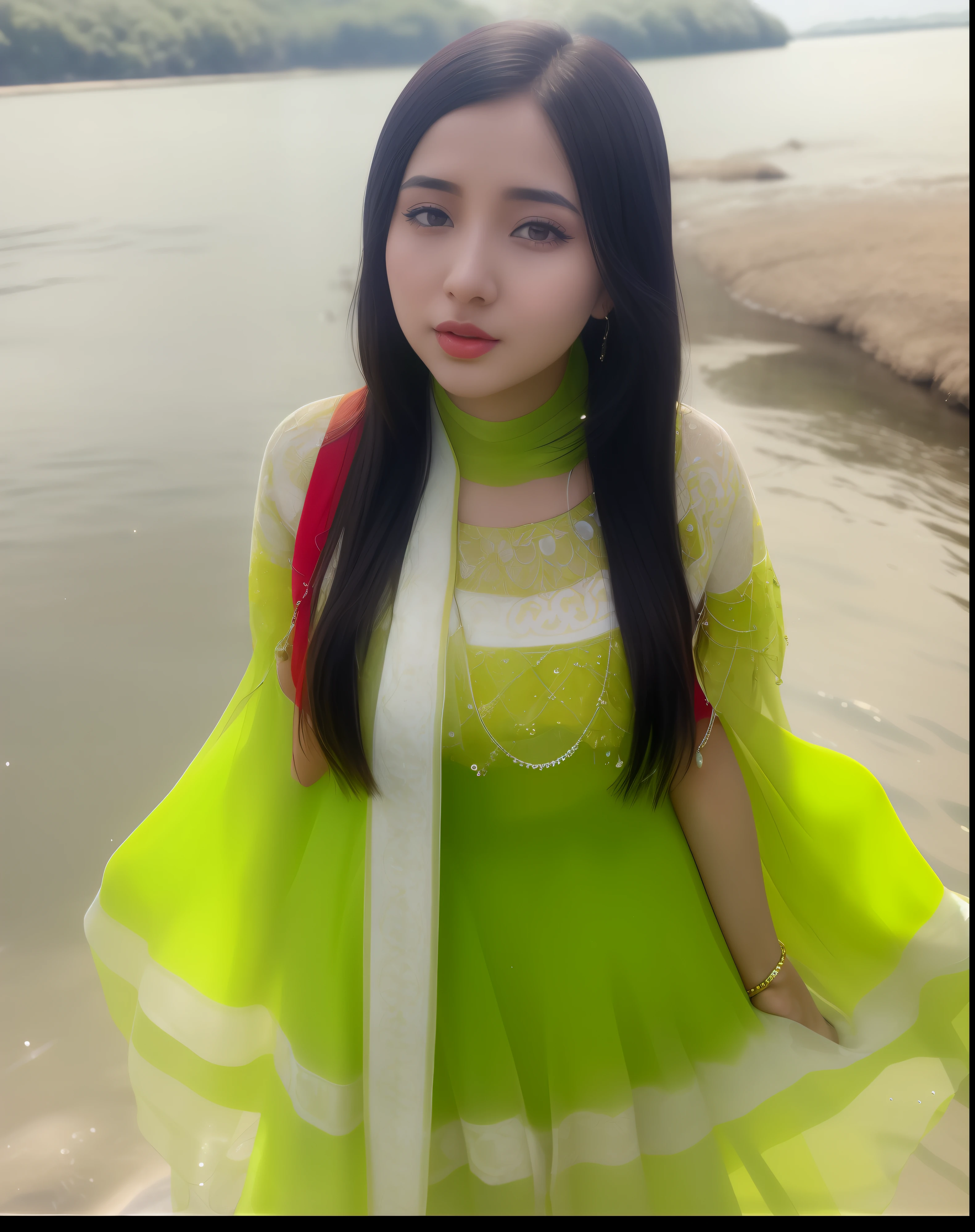 a close up of a woman in a red dress standing in front of a river, glowing white colored skin!!, profile pic, very extremely beautiful, glowing skin, white one beautiful face, inspired by Ambreen Butt, colourful, vibrant colour, candid picture, ruan ji, kyza saleem, profile image, beautiful girl, very vibrant, handsome girl