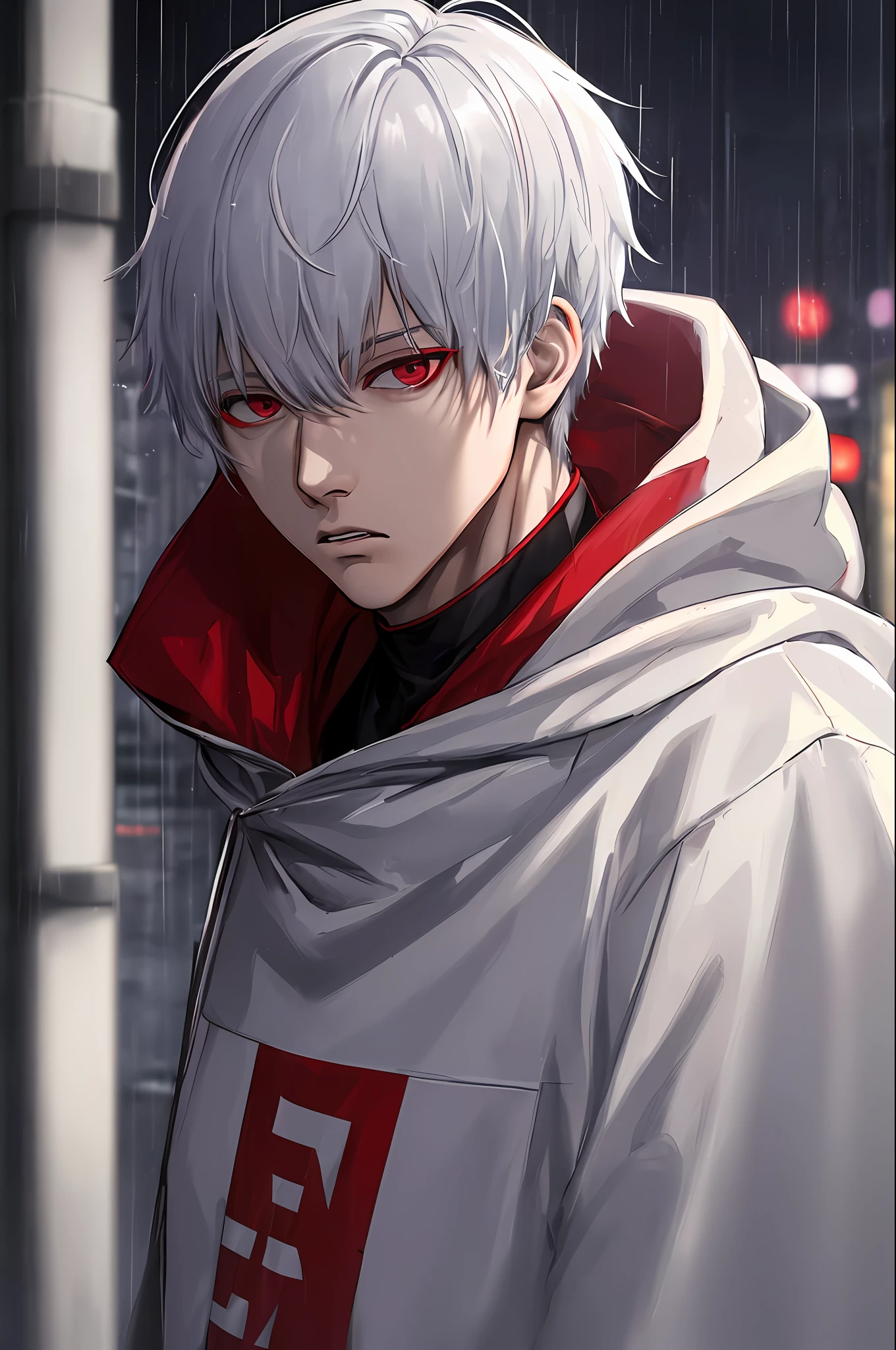 kk, best quality, more details, masterpiece, 1boy, kaneki ken, portrait, male focus, red eyes, solo, bangs, looking at viewer, hood, short hair, rain, tokyo tokyo \(city\), hood up, nail polish, white hair, luxurious, 8k, detailed, ray tracing, depth of field, cinematic lighting,