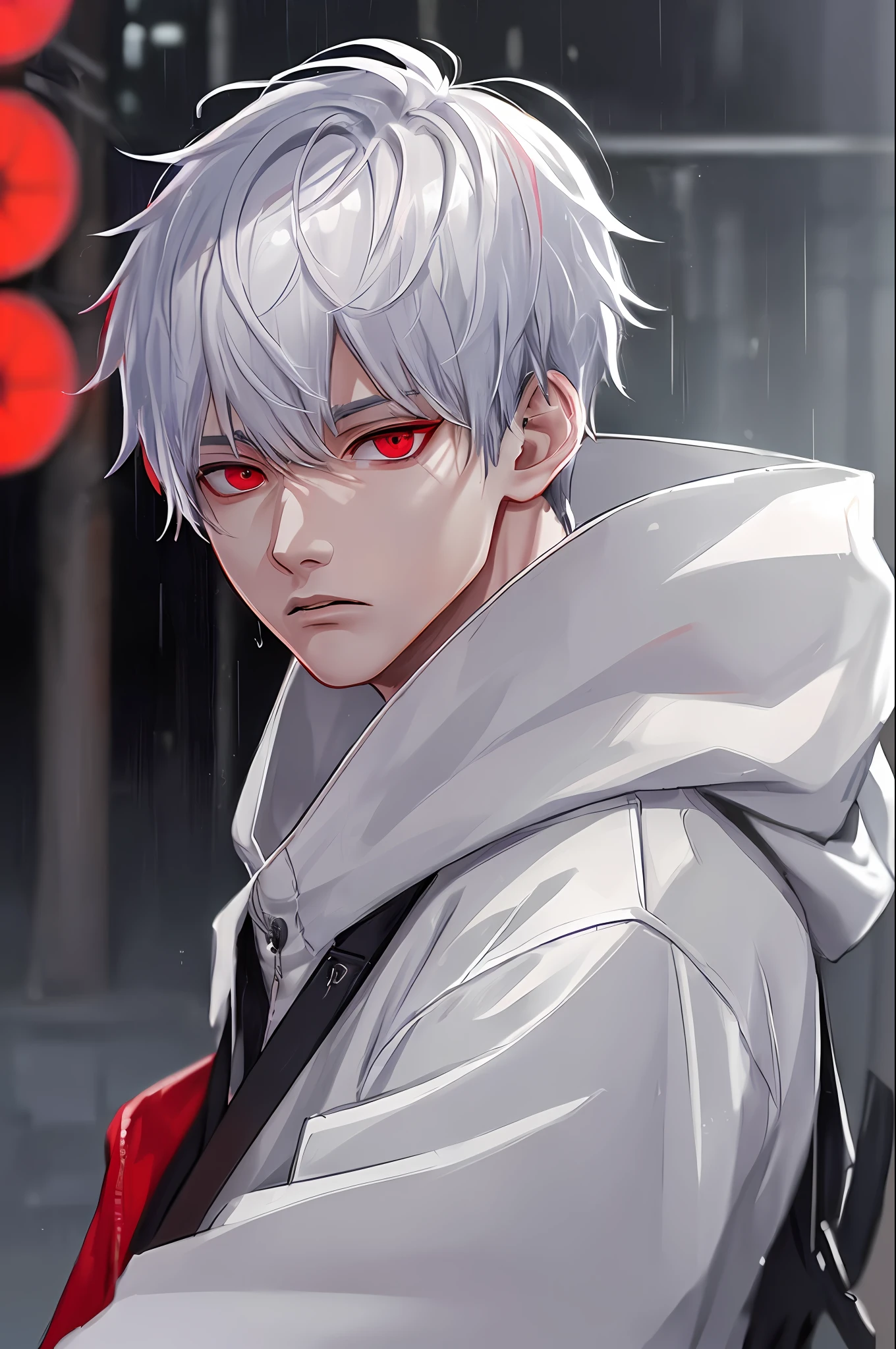 kk, best quality, more details, masterpiece, 1boy, kaneki ken, portrait, male focus, red eyes, solo, bangs, looking at viewer, hood, short hair, rain, tokyo tokyo \(city\),  hood up, nail polish, white hair, luxurious, 8k, detailed, ray tracing, depth of field, cinematic lighting,