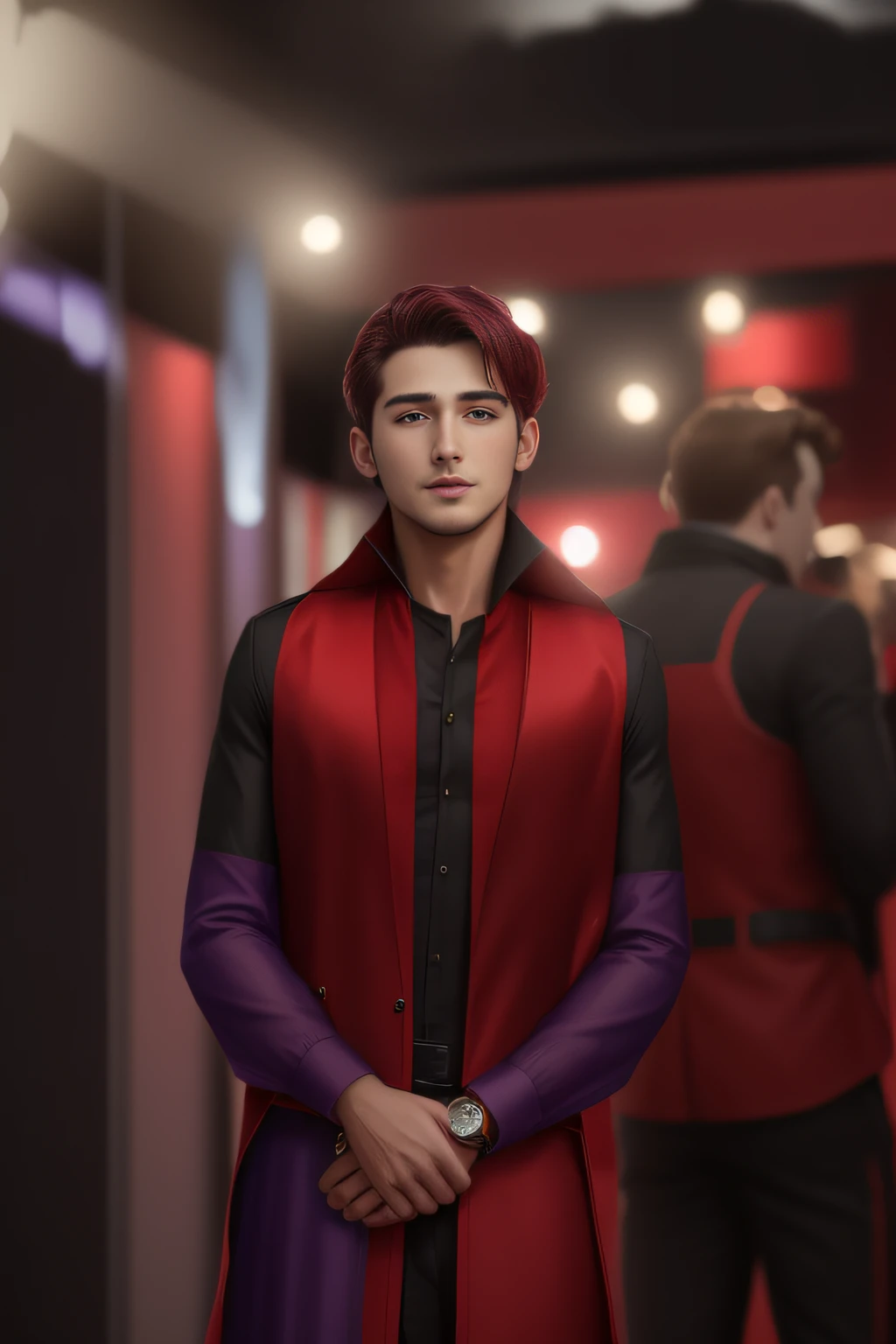 handsome boy, realistic, 8k,red and purple dress,black background