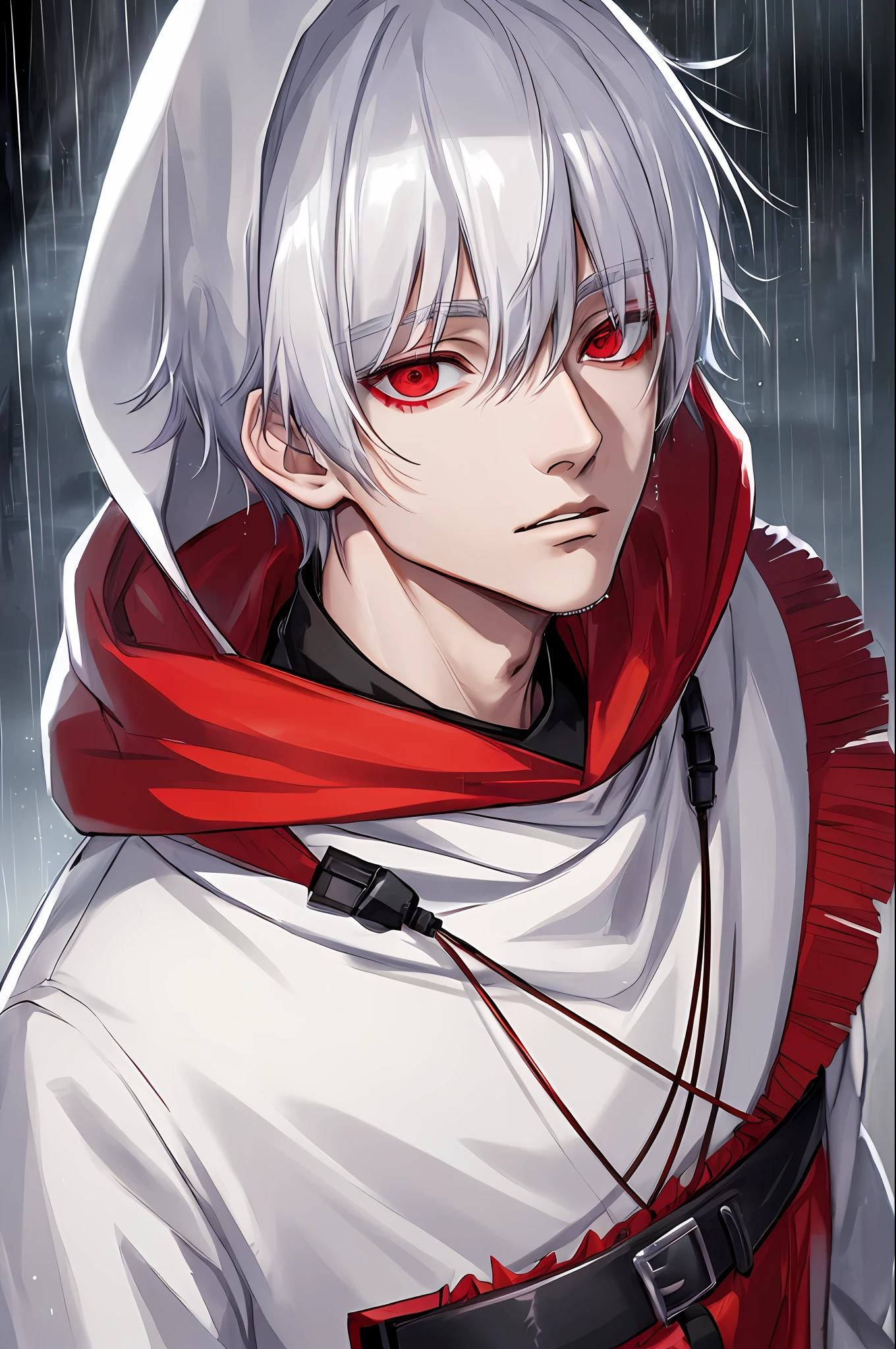 kk, best quality, more details, masterpiece, 1boy, kaneki ken, portrait, male focus, red eyes, solo, bangs, looking at viewer, hood, short hair, rain, tokyo tokyo \(city\), hood up, nail polish, white hair, luxurious, 8k, detailed, ray tracing, depth of field, cinematic lighting,