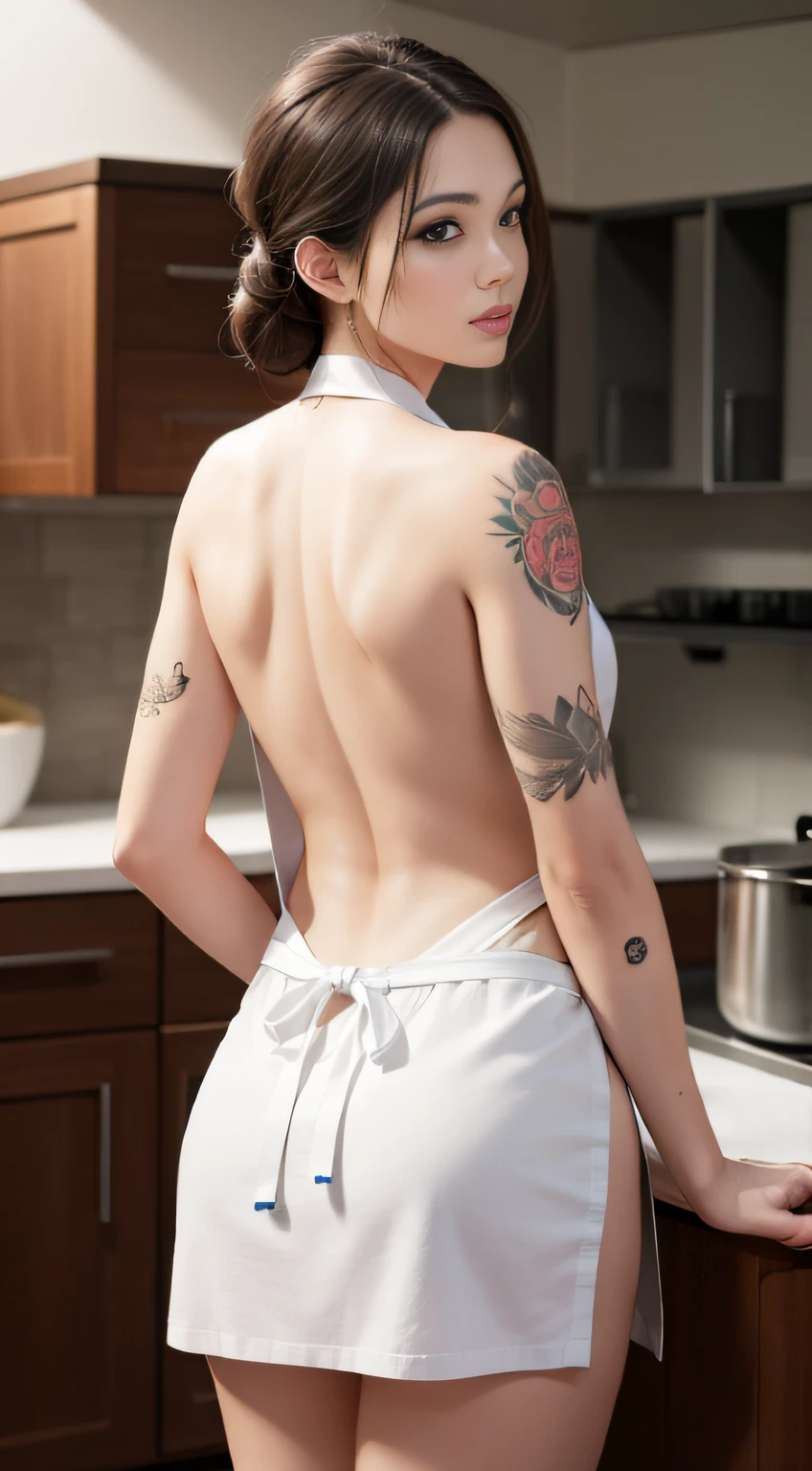 apron,naked apron,,tattoo,best quality,highly detailed,highres,8k,realistic,ass focus,depth of field
