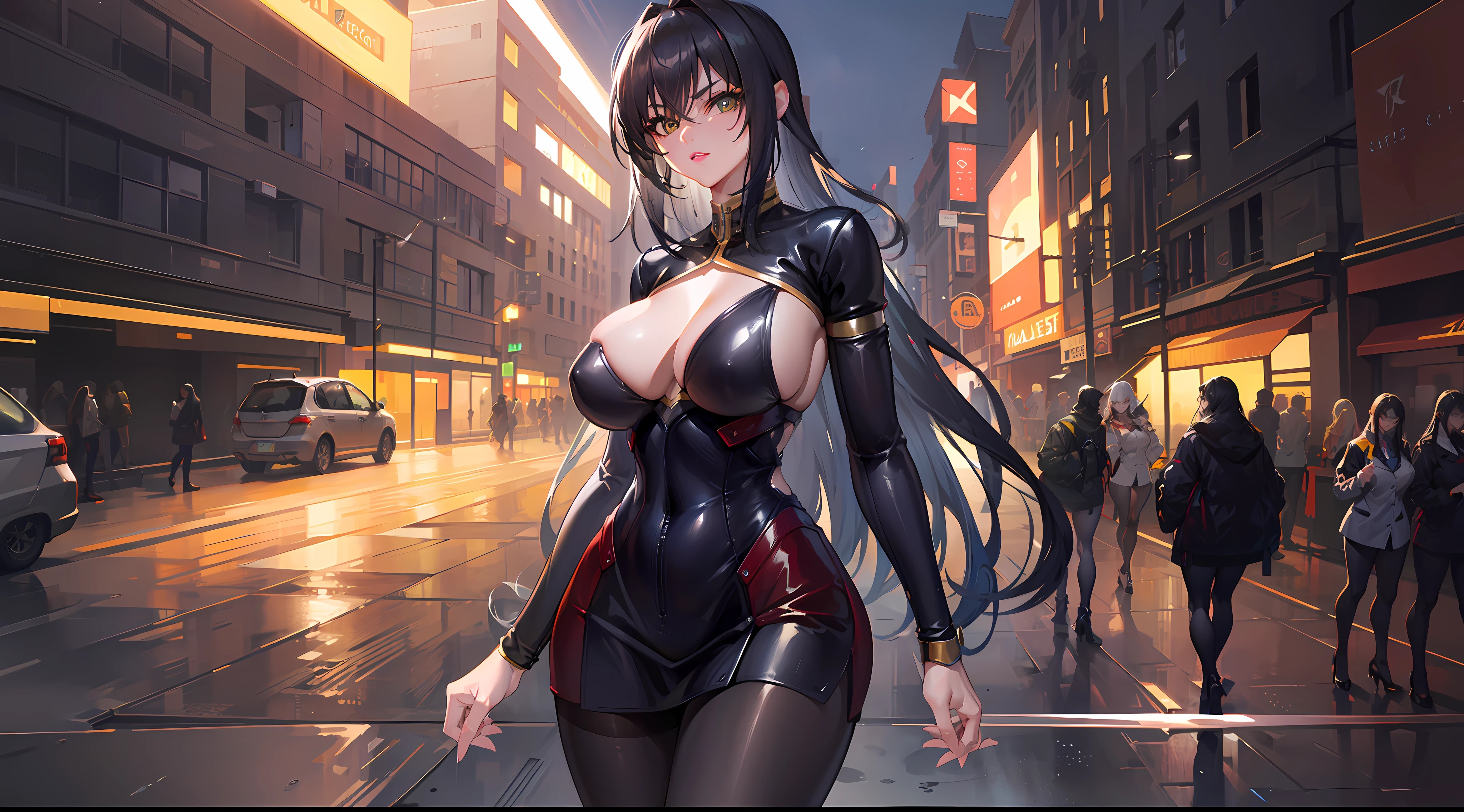 professional artwork, Intricate Details, field of view, sharp focus, detailed painting, photorealistic lighting, trending on pixiv, Standing at attention, black outfit ,yellow collared shirt,black and red bodysuit,skin_tight,black legwear, black pantyhose, Side_boob, black hair,very long hair, Bangs,yellow eyes,makeup, lipstick, 20yo,mature female,Beautiful Finger,Beautiful long legs,Beautiful body,Beautiful Nose,Beautiful character design, perfect eyes, perfect face, looking at viewer,official art,extremely detailed CG unreal engine 8k wallpaper, perfect lighting,Colorful, Bright_Front_face_Lighting, (masterpiece:1.0),(best_quality:1.0), ultra high res,4K,ultra-detailed, photography, 8K, HDR, highres, absurdres:1.2, Kodak portra 400, film grain, blurry background, (Beautiful,large_Breasts:1.4), (beautiful_face:1.5),(narrow_waist), (solo:1.4), ((landscape dimension)), rich detailed makeup, rich detailed eyeshadow, rich detailed lips, rich detailed lipstick, eyes lens, beautiful eyes lens, ultra detailed eyes