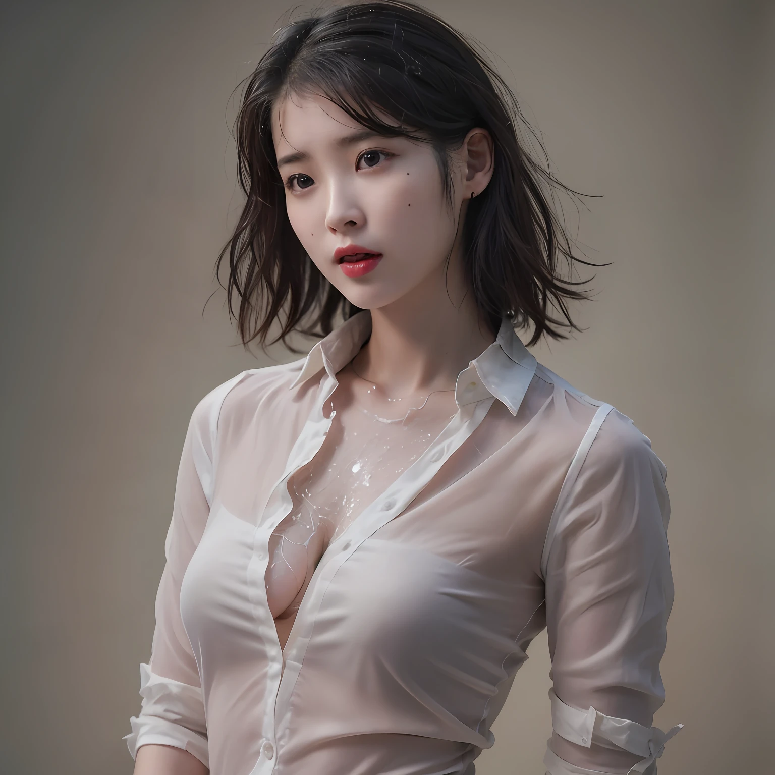 nikon RAW photo,8 k,Fujifilm XT3,photorealistic,realistic, solo, photorealistic, best quality, ultra high res, (skin spots:0.1) serious expression, , standing and surrounded by mwn, topless but covering her  with her arms, short, wet and tight shirt,Suit skirt beautiful, masterpiece, best quality, extremely detailed face, perfect lighting, solo,1girl, sexy sight best quality, ultra high res, photorealistic, ultra detailed, masterpiece, best quality, iu1, fully naked provoking men, seductive