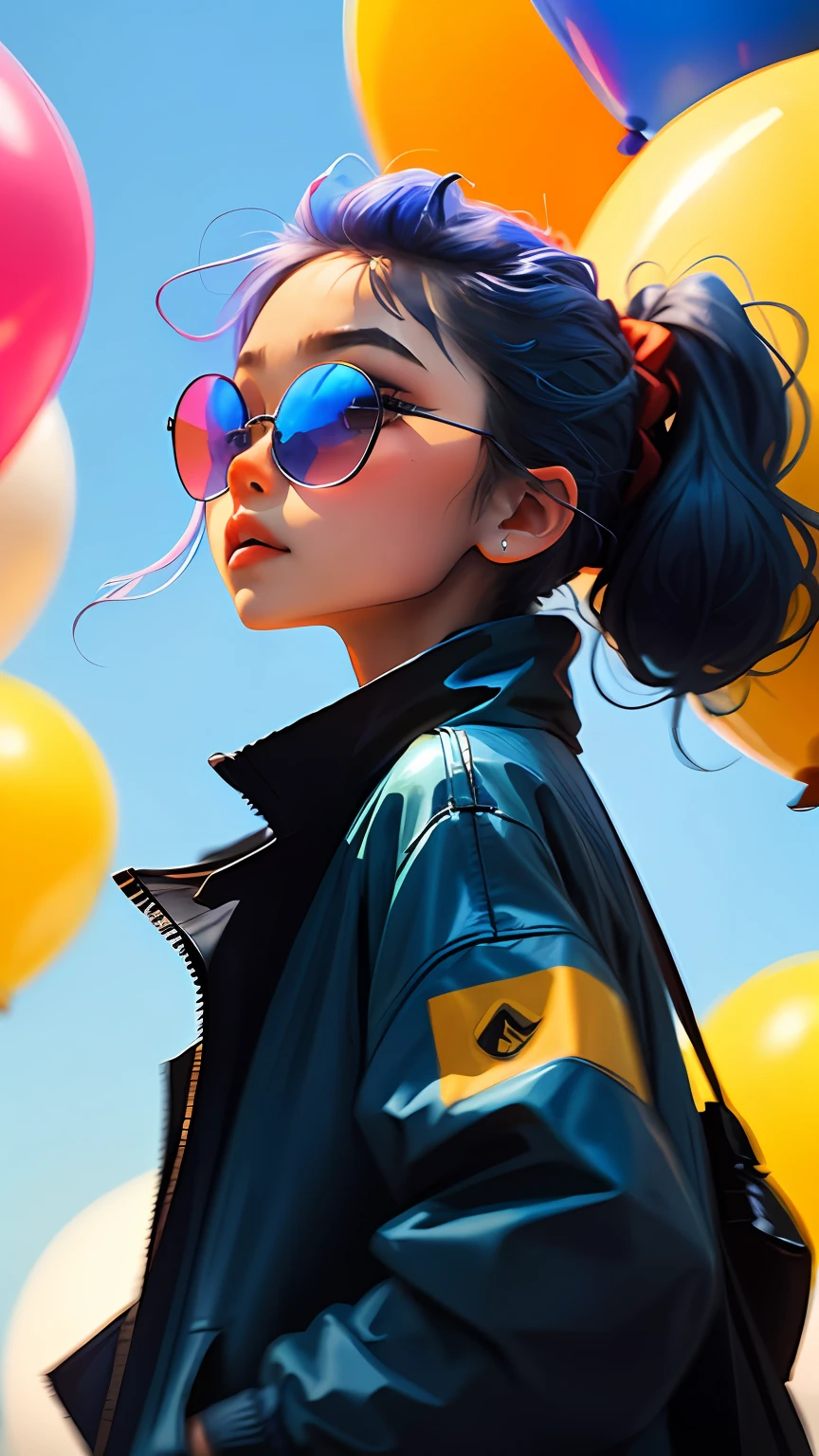 Loli girl, beautiful and cute, wearing blue sunglasses, yellow jacket, white sweatshirt, lots of colorful balloons, baby face, chibi style, red and blue two-color hair, ponytail braided hair, perfect detail eyes, delicate face, perfect CG, HD picture quality, colorful balloons, sky,