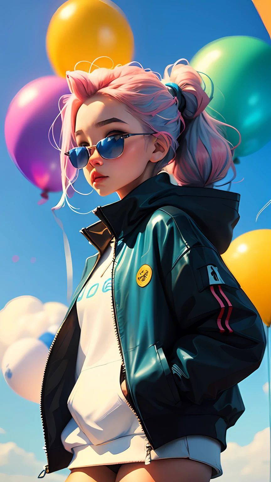 Loli girl, beautiful and cute, wearing blue sunglasses, yellow jacket, white sweatshirt, lots of colorful balloons, , chibi style, red and blue two-color hair, ponytail braided hair, perfect detail eyes, delicate face, perfect CG, HD picture quality, colorful balloons, sky,