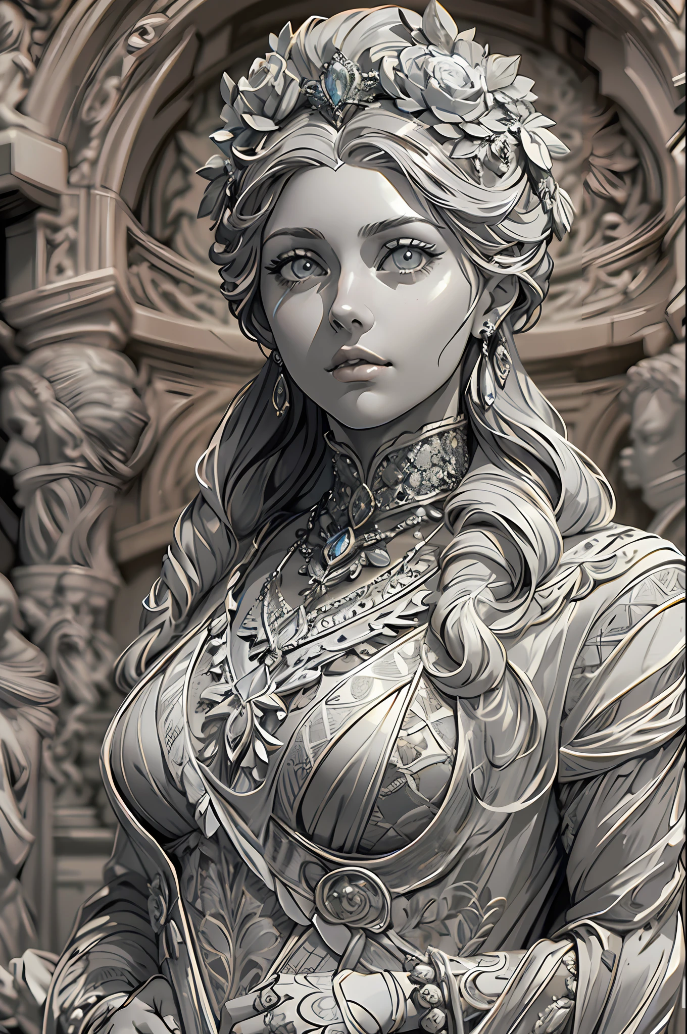 Masterpiece, photo realistic, 8 k, bust shot, hyper detailed, royal, Beautiful elegant Caucasian 20 year old woman, vintage hairstyle and clothing, imagined as a intricate extremely detailed stone statue, (plastic look:1.4), withered stone, statues colour is monochromatic