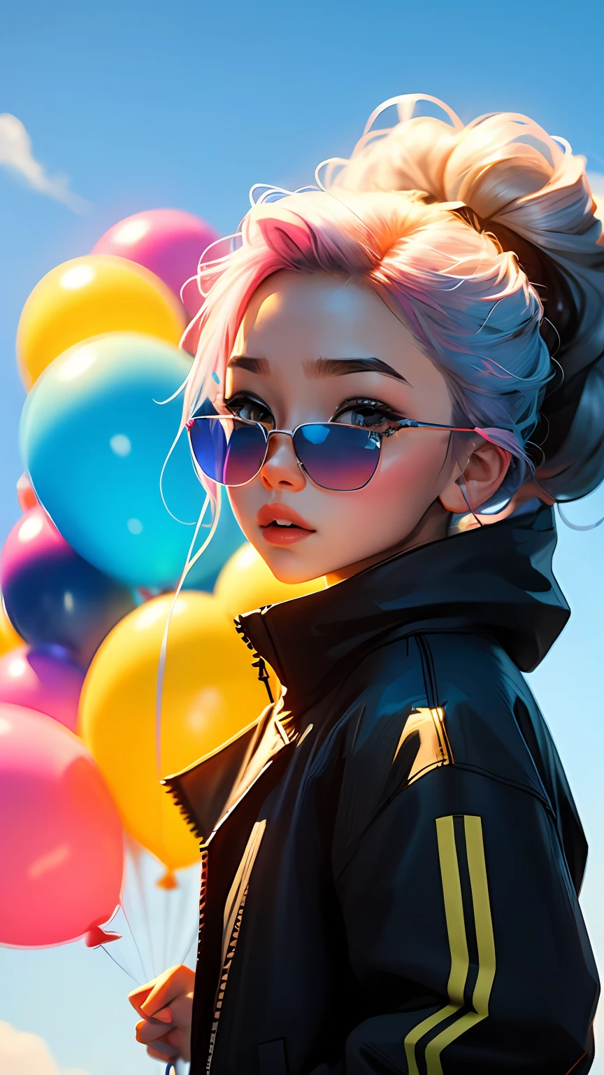 Loli girl, beautiful and cute, wearing blue sunglasses, yellow jacket, white sweatshirt, lots of colorful balloons, baby face, chibi style, red and blue two-color hair, ponytail braided hair, perfect detail eyes, delicate face, perfect CG, HD picture quality, colorful balloons, sky,