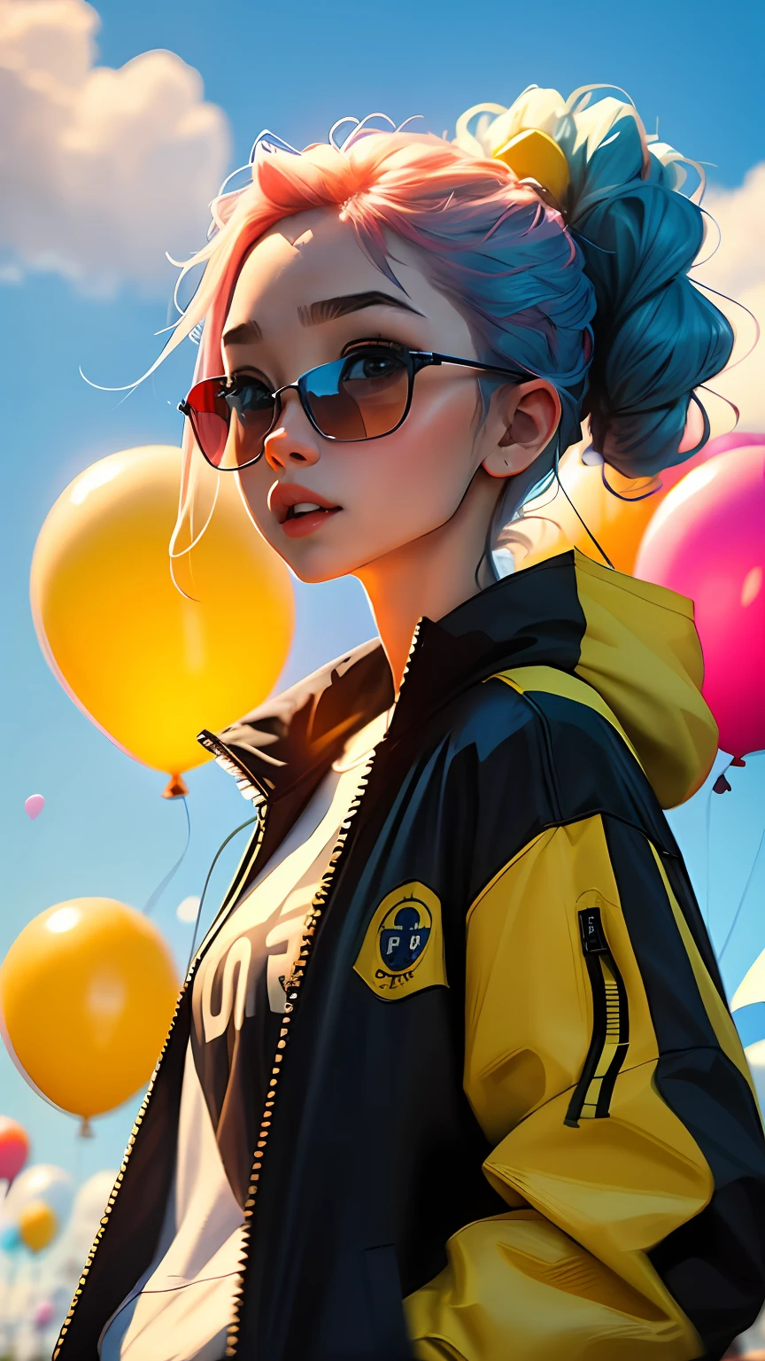Loli girl, beautiful and cute, wearing blue sunglasses, yellow jacket, white sweatshirt, lots of colorful balloons, baby face, chibi style, red and blue two-color hair, ponytail braided hair, perfect detail eyes, delicate face, perfect CG, HD picture quality, colorful balloons, sky,