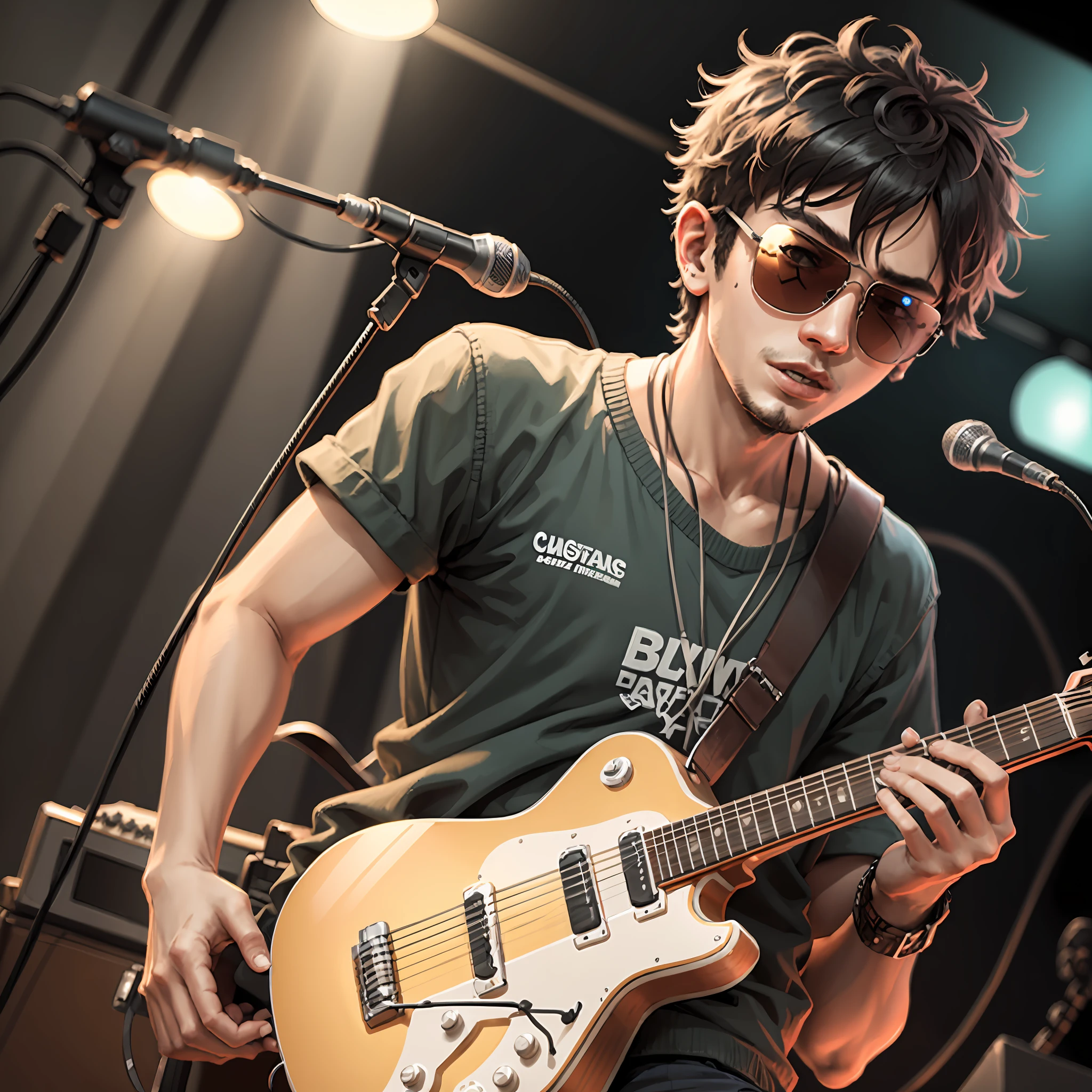 Short-haired 20-year-old boy with sunglasses on stage with his guitar, desenho anime, highes definition, com muitos detalhes,