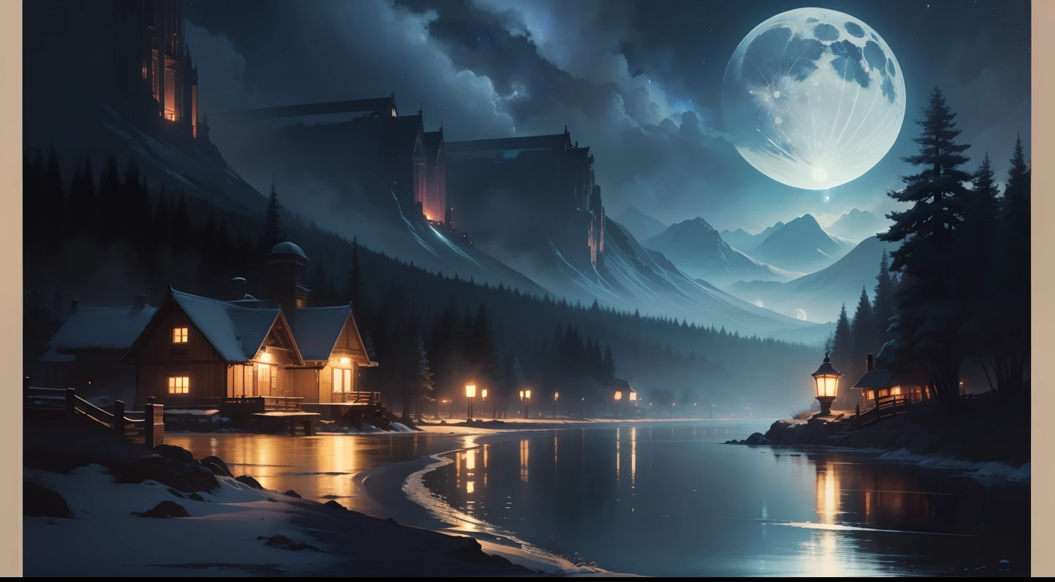 A painting of a river with stars and moon in the sky, concept art inspired by Tosa Mitsuoki, pixiv contest winner, best quality, fantasy art, beautiful anime scene, a bright moon, moonlit starry environment, dream painting, Anime Background Art, Fantasy Landscape Art, Fantasy Night, Anime Background, Background Artwork, Fantastic Art, Atmospheric Anime, Starry Sky, Detail Enhanced.