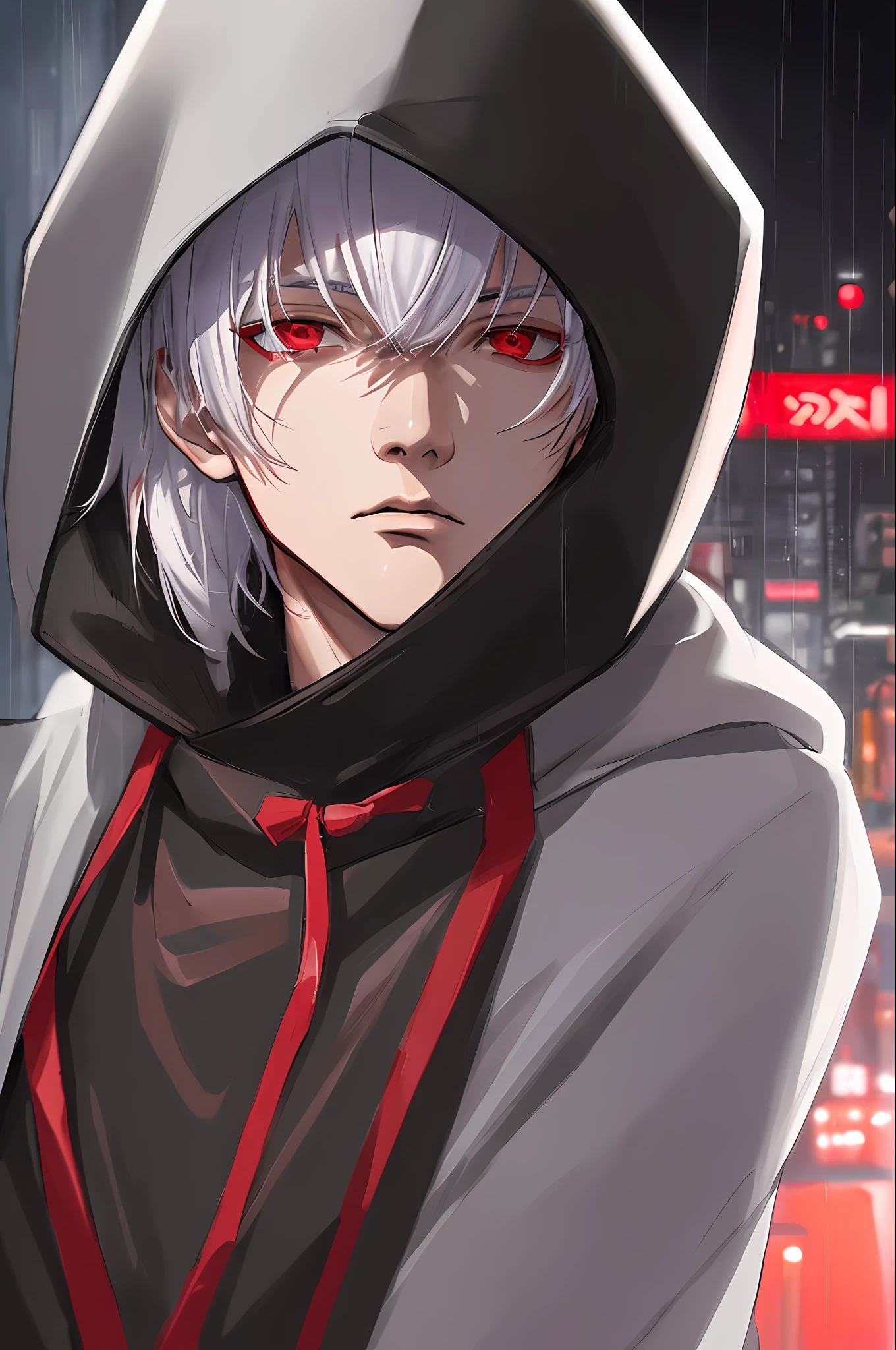 kk, best quality, more details, masterpiece, 1boy, kaneki ken, portrait, male focus, red eyes, solo, bangs, looking at viewer, hood, short hair, rain, tokyo tokyo \(city\),  hood up, nail polish, white hair, luxurious, 8k, detailed, ray tracing, depth of field, cinematic lighting,