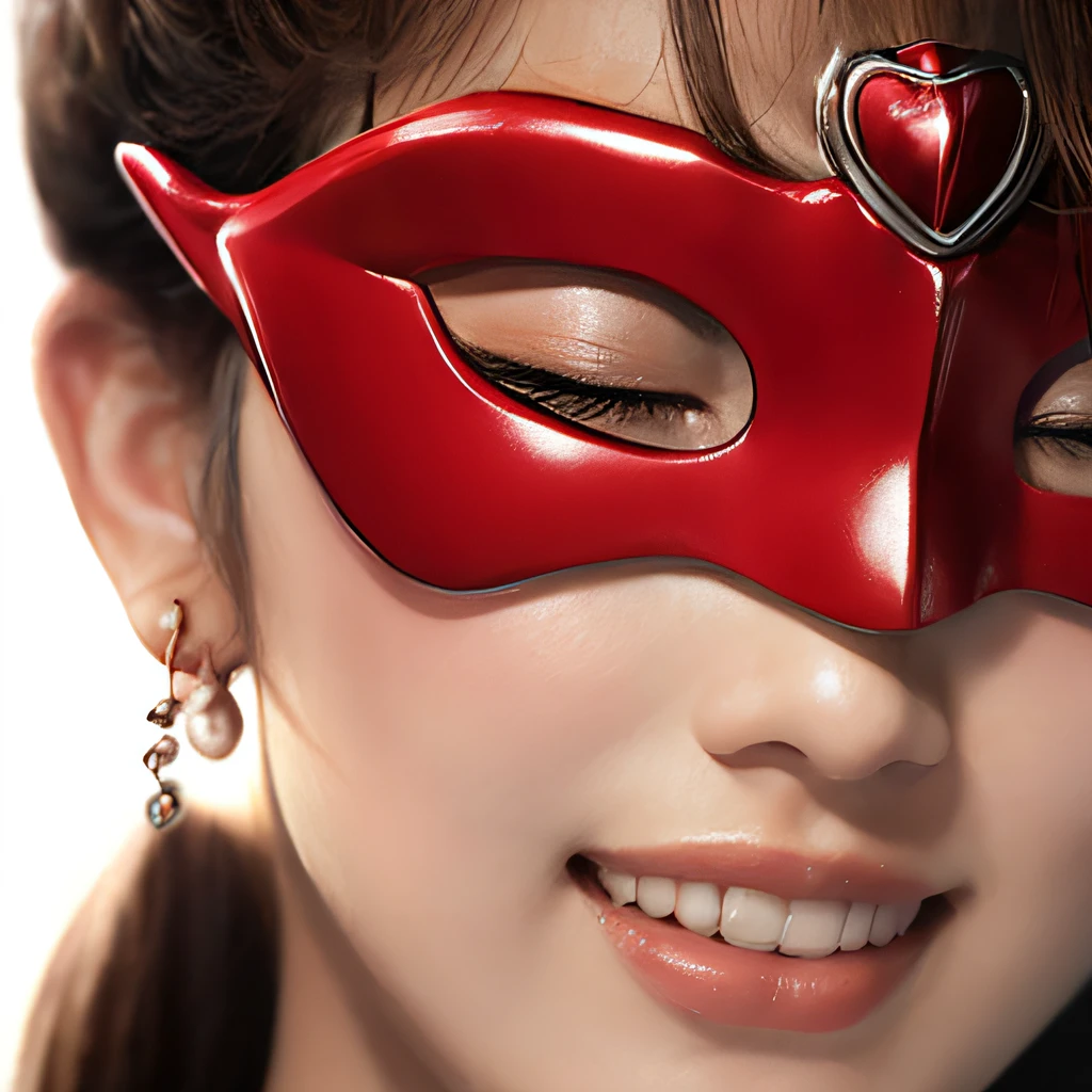 (8K, RAW Photos, of the highest quality, Masterpieces: 1.2), (Realistic, Photorealistic: 1.37), Highest Quality, Ultra High Resolution, light leaks, Dynamic lighting, Slim and smooth skin, (Full body:1.3), (Soft Saturation: 1.6), (Fair skin: 1.2), (Glossy skin: 1.1), Oiled skin, 22 years old, Night, shiny white blonde, Well-formed, Hair fluttering in the wind, Close-up shot of face only, Physically Based Rendering, From multiple angles, A big smile, super girl、miniture, Red Eye Mask, (Open your eyes:1.4)