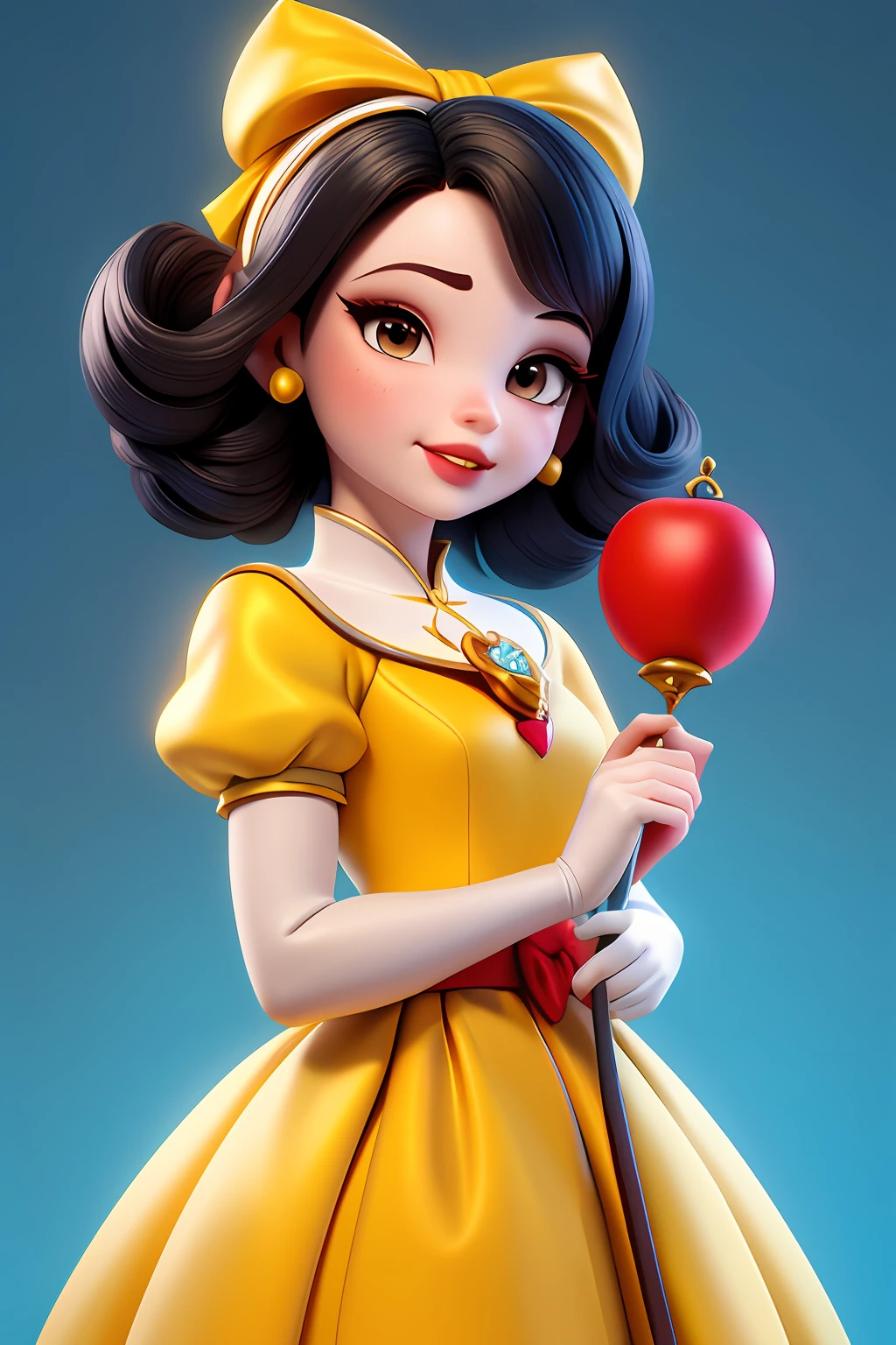 3DCHARACTER, 1 , mulher adulta, sardas, hazelnut eyes, (corpo inteiro: 1.2), fundo simples, obra-prima, (GRADIENT BACKGROUND) Branca de Neve, Personagem Disney, Branca de Neve, holding mace, cabelo preto, cabelo preto, vestido da branca de neve amarelo e azul, capa vermelha, Red bow on head, cabelo preto, cabelos pretos, branca de neve, Holding red mace
