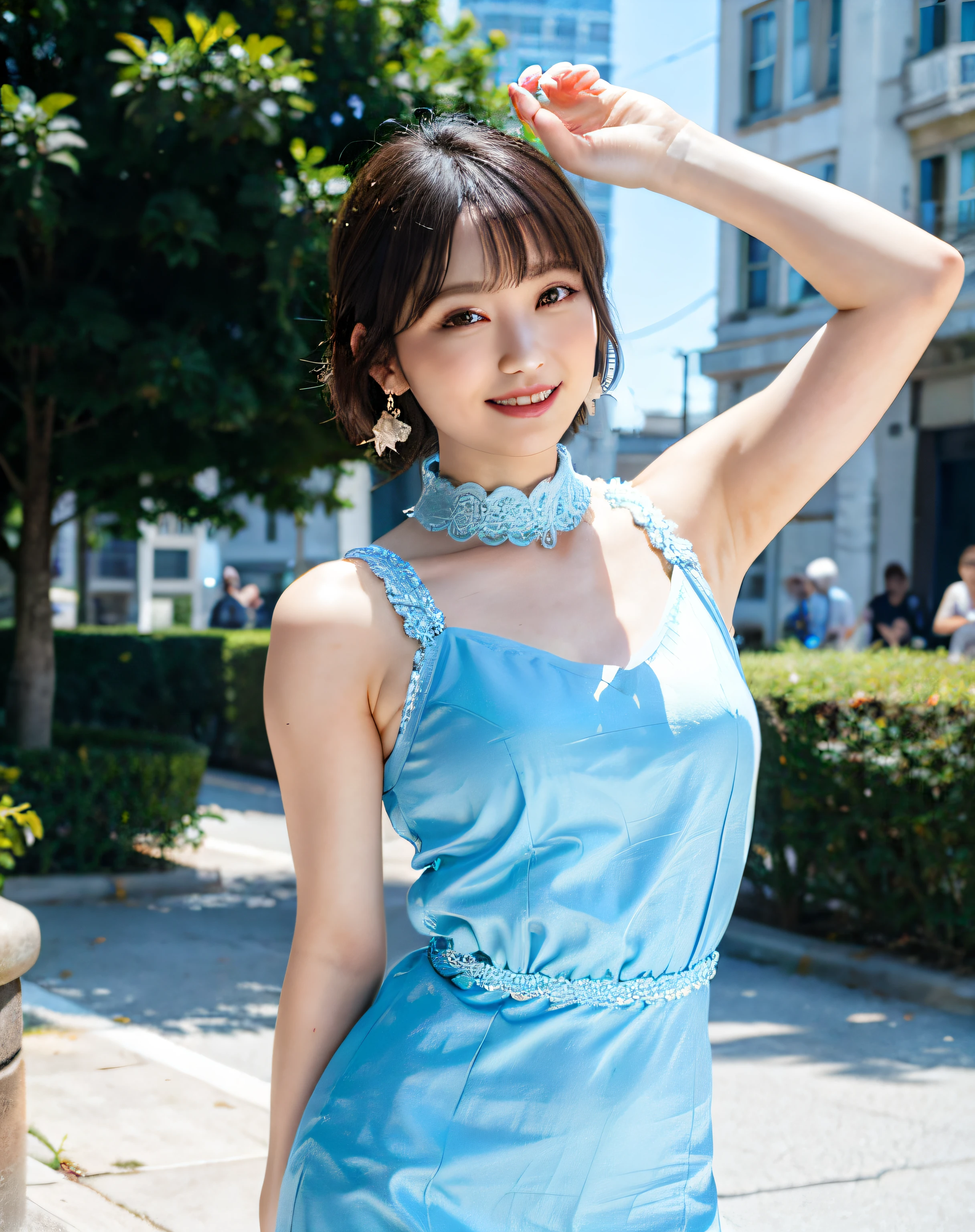 a woman posing on the street corner with light blue dress on, best quality, 1girl, large breasts, day, bright, blur background, bokeh, outdoor, (street:0.8), (people, crowds:1), (lace-trimmed dress:1.5, sleeveless dress, light blue clothes, light blue high-neck dress:1.2, blue dress: 1.5), gorgeous, (short hair, forehead:1.2), beautiful detailed sky, earrings, (dynamic pose:1.2), (upper body:0.8), soft lighting, wind, shiny skin, smile,