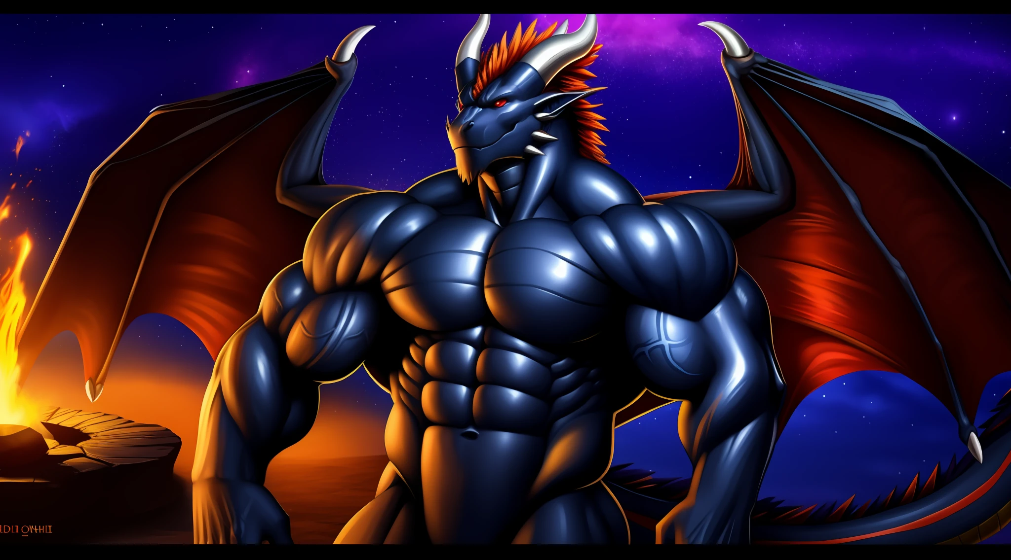 Epic, Realism, Ultra High Resolution, Muscle: 3.0, Hairless, Huge Pectoral Muscles: 1.1, Well-defined Eight-Pack Abs, Wide Shoulders, Developed Deltoids, Huge Biceps, There is a Red Eyed Black Dragon Standing Under the Stars, Anthropomorphic Dragon, Black Dragon, Dragon Body, Human Dragon Art, Giant Monster Dragon Monster, Muscular Dragon Man, Man and Dragon Fusion, Flame, Realism, Epic, Body with Flame Pattern, Long Horns, Dragon Wings, Starry Sky