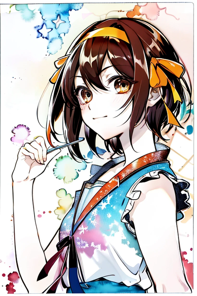 (highres, best quality:1.2), radiance, soft contours, beautiful drawing, concept art, detailed background, bright colors, 1girl, (8k, best quality, masterpiece:1.2),(best quality:1.0), (ultra highres:1.0), watercolor, 1girl, suzumiya haruhi, solo, brown hair, short hair, brown eyes, hairband, medium hair, ribbon, space, shining stars, stylish outfit, (red blue brown orange color scheme), by agnes cecile, half body portrait, extremely luminous bright design, pastel colors, (ink:1.3), traditional media, watercolor \(medium), watercolor background, lineart,