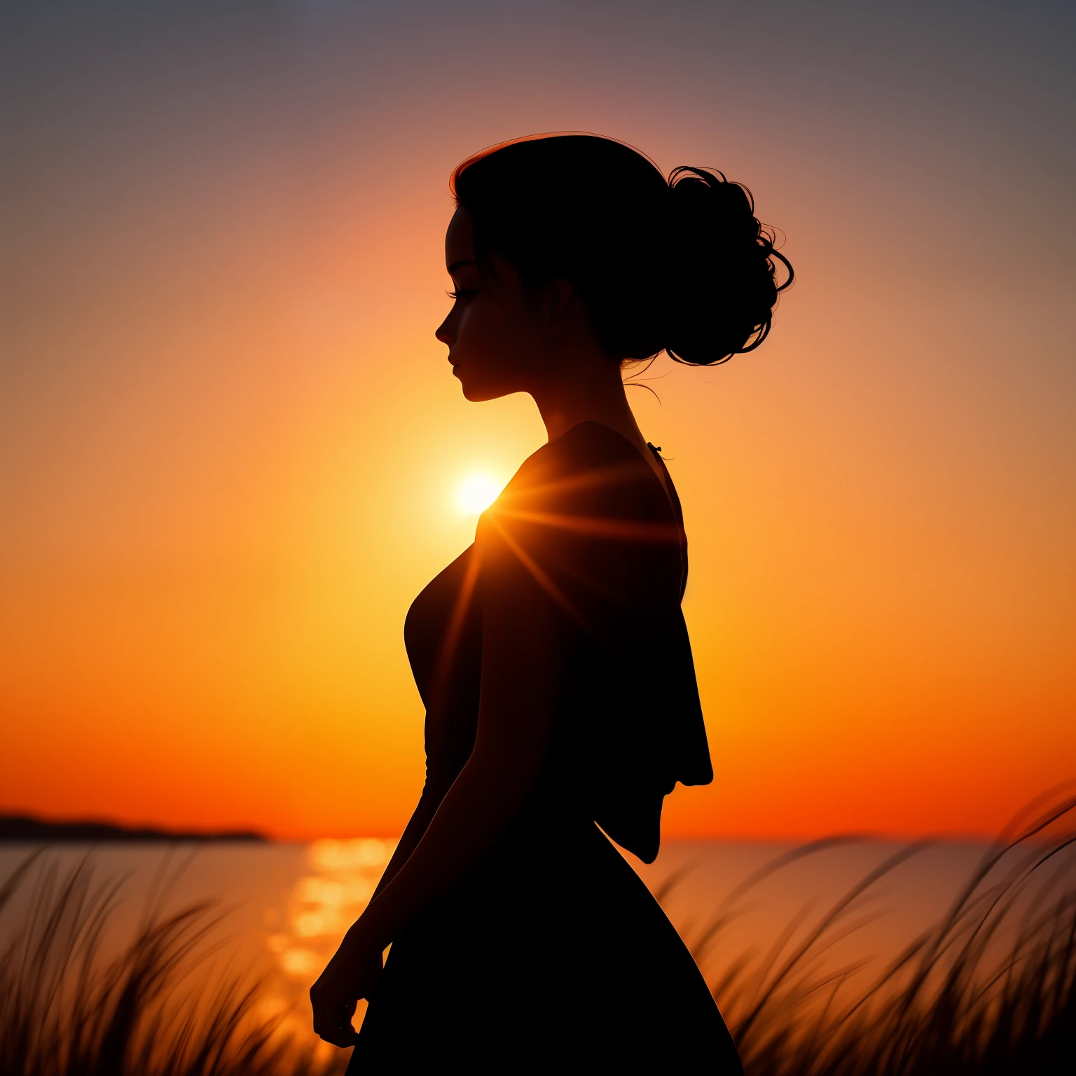 silhouette of a woman with her hair in a bunt at sunset, full body, woman silhouette, a woman's profile, silhouette, silhoutte, silhouette over sunset, sunset glow around head, woman's profile, girl watching sunset, sunset halo behind her head, detailed silhouette, silhouetted, in the sunset, sunset halo around her head, backlit face