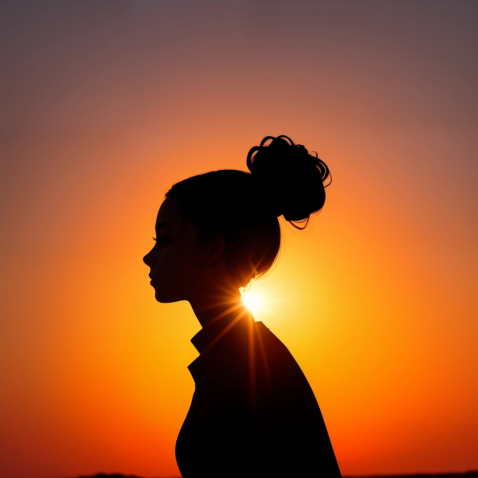 silhouette of a woman with her hair in a bunt at sunset, full body, woman silhouette, a woman's profile, silhouette, silhoutte, silhouette over sunset, sunset glow around head, woman's profile, girl watching sunset, sunset halo behind her head, detailed silhouette, silhouetted, in the sunset, sunset halo around her head, backlit face