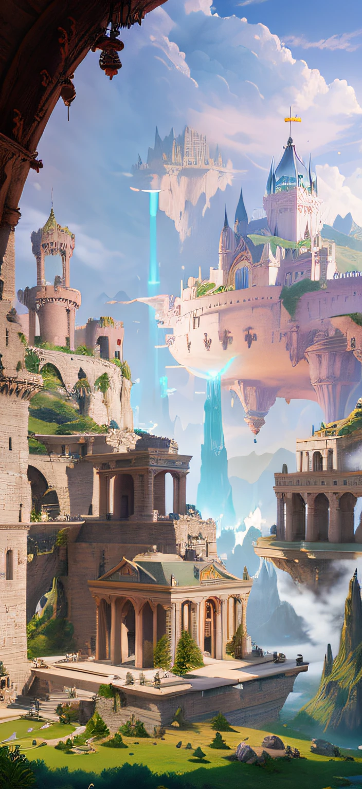 there is a painting of a castle in the middle of a lake, matte painting arcane dota pixar, Stylized concept art, Illustration matte painting, dota! matte painting concept art, painterly concept art, game art matte painting, dota matte painting concept art, matte painting in fantasy style, greek fantasy landscape, Unreal Engine fantasy art, Optimistic matte painting Treasure Vault Vault Temple（Summon cards）、MarketaB、Blacksmith shop、academy、chies、Colosseum、castle wall、behind bars、Large communal baths、Plaza、Forbidden、Treasure Trove、speleothems、Construction, etc