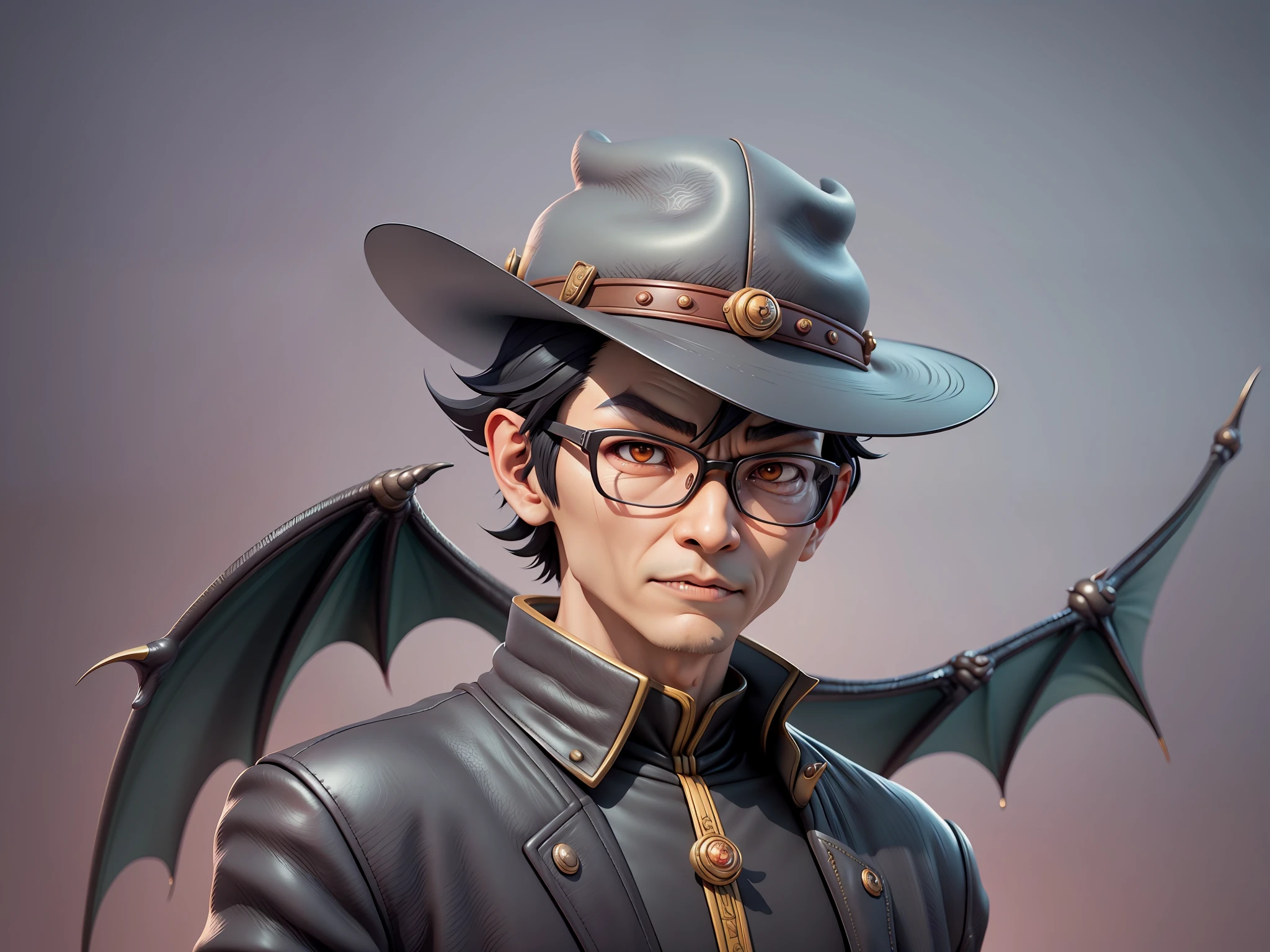 Young man with oriental face in leather hat, dragon, formal suit, short black hair, silver glasses, digital painting, 3D character design by Mark Clairedon and Pixar and Hayao Miyazaki and Akira Toriyama, the illustration is a high-definition illustration in 4K resolution with very detailed facial features and cartoon-style visuals.