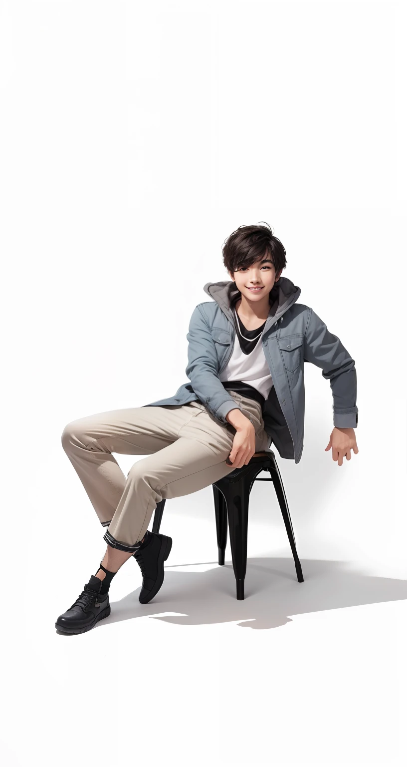 Gray background, simple background, ung man, short black hair, smile, standing, very detailed, best quality, 4K