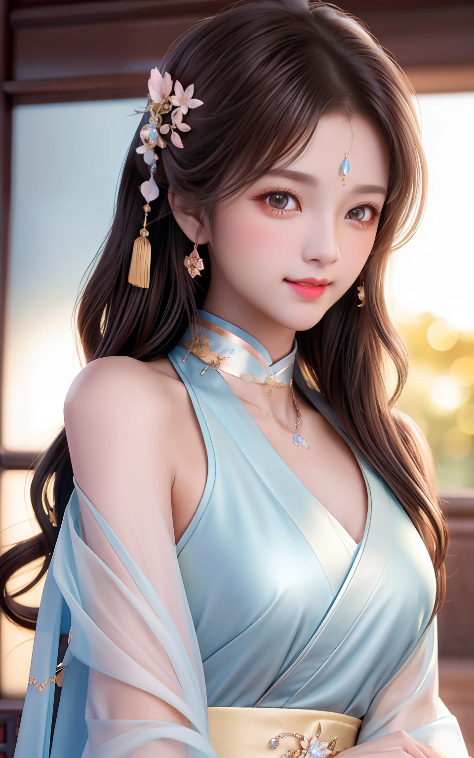 Need,tmasterpiece,A high resolution,1girll,Blushlush,(Seductive smile:0.8),starpupil,Chinese shoulder leaky Hanfu,hair adornments,choker necklace,jewelry,beautfully face,On_Body,Dingdall effect,realisticlying,Shadow room,light edge,Two-tone lighting，（highdetailskin：1.2），8K  UHD，Slr，softlighting，high high quality，Volumetriclighting，sneak shot，photore，A high resolution，4K，8K，Background bokeh，realisticlying