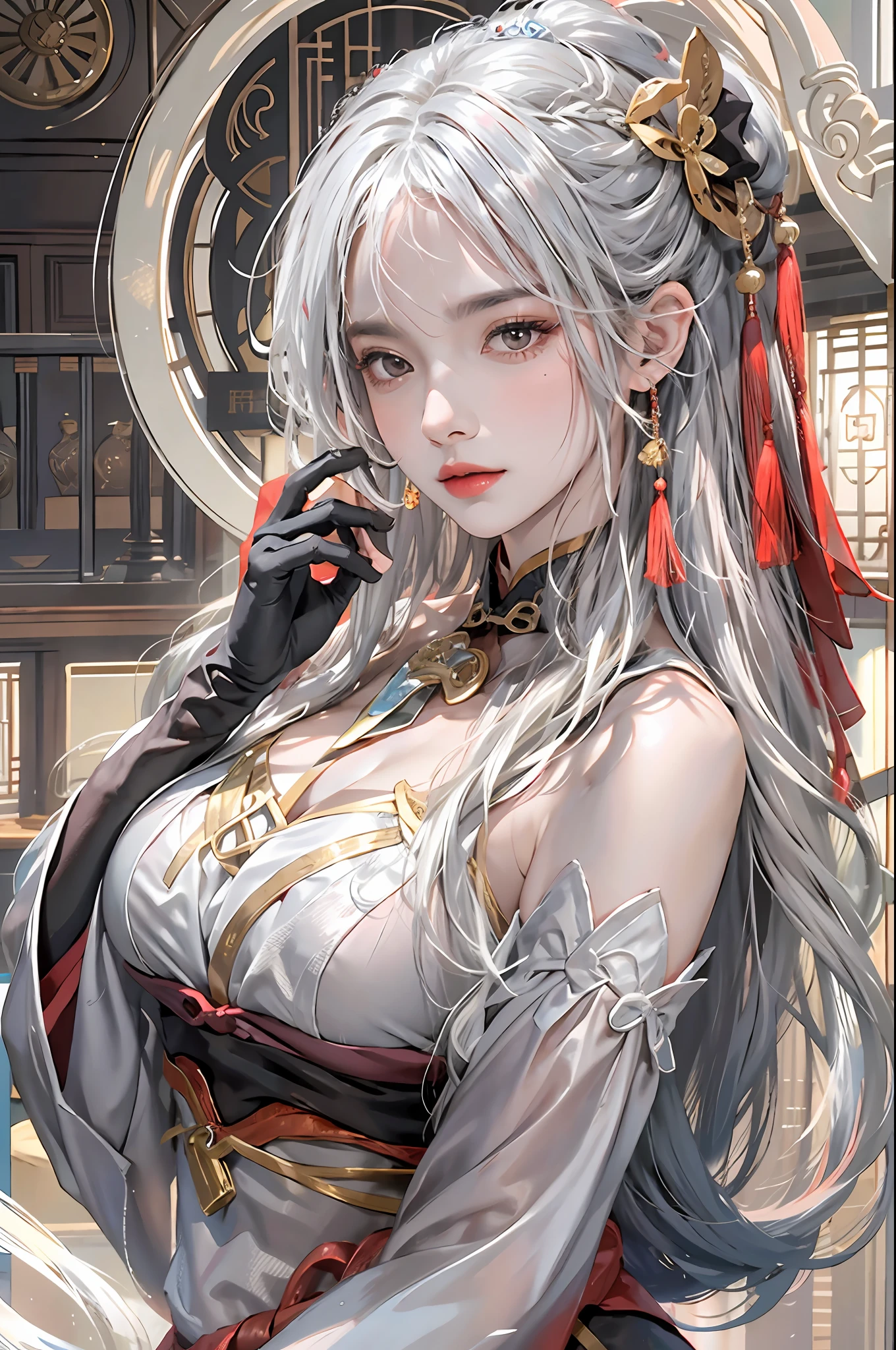 photorealistic, high resolution, 1women, solo, hips up, look at viewer, (detailed face), narrow waist, closed lips, white hair, long hair,ganyu \(genshin impact\), bangs, bare shoulders, bell, black gloves, black pantyhose, blush, breasts, chinese knot, detached sleeves, jewelry