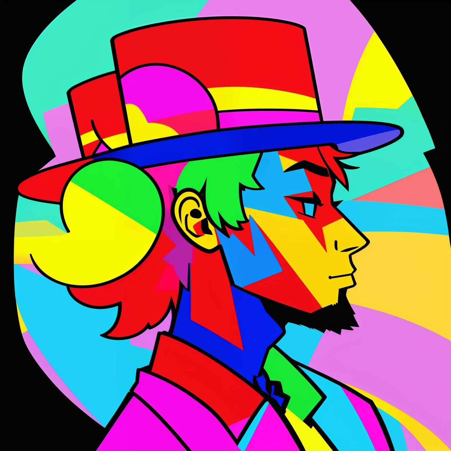 illustration of a man with a colorful hat on his head, vivid color.digital 2d, colorful illustration, colorful image, colorful]”, persona art style, side profile artwork, made with illustrator, pastel palette silhouette, colorful! character design, silhouette!!!, cmyk portrait, colourfull, colorful, coloful, profile pose, 2d minimalism