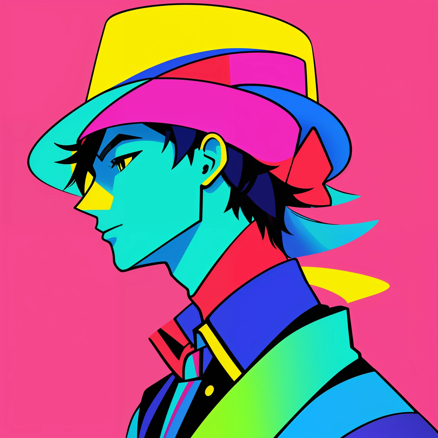 illustration of a man with a colorful hat on his head, vivid color.digital 2d, colorful illustration, colorful image, colorful]”, persona art style, side profile artwork, made with illustrator, pastel palette silhouette, colorful! character design, silhouette!!!, cmyk portrait, colourfull, colorful, coloful, profile pose, 2d minimalism