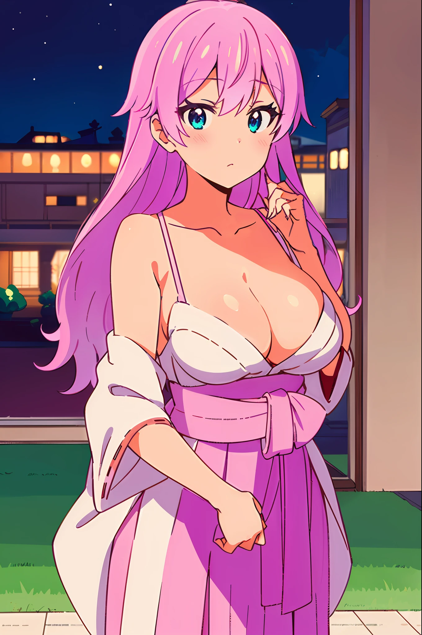 akari_watanabe,
(Night:1.7), Cyberpunk_CityView, Before Window,
((hakama white red:1.3),japanese,large breasts, (miko white red:1.3)),
masterpiece,girl,pink hair,blush,breasts,blue eyes,cleavage, face cheerful,
best quality,  intricate details, ultra details, ultra quality, ,(Masterpiece:1.2, high quality), (pixiv:1.4), 1girl, solo, long hair, looking at viewer, (big breasts:1.3), (looking at viewer) NSFW