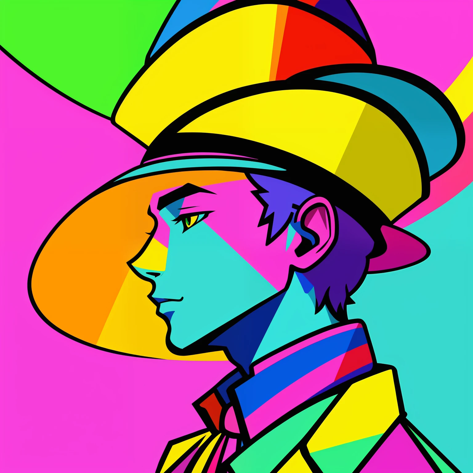 illustration of a man with a colorful hat on his head, vivid color.digital 2d, colorful illustration, colorful image, colorful]”, persona art style, side profile artwork, made with illustrator, pastel palette silhouette, colorful! character design, silhouette!!!, cmyk portrait, colourfull, colorful, coloful, profile pose, 2d minimalism