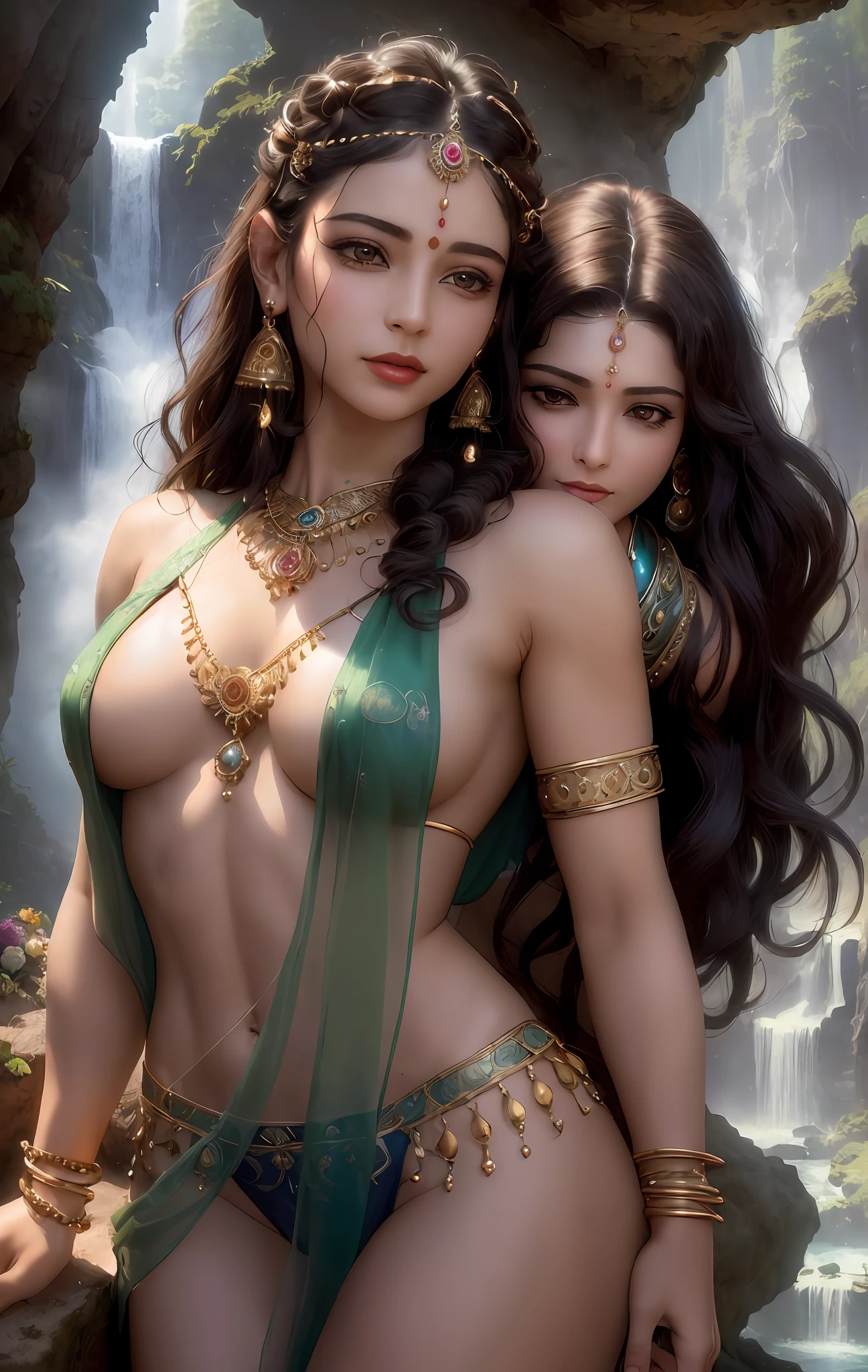((realistic:1.5)),((best quality)), ((masterpiece)),((detailed)), (1girl), {a beautiful female wearing a Sari}, (upper body:1.3),super-wide-angle lens,face focus, mature,sexy,toned muscles,long legs,curvy, barefoot, medium breasts, open cleavage, drooping breasts, thick thighs,wide hips, thin legs, green eyes,long black hair,floting hair,long eyelashes, (detailed face,beautiful eye, detailed pupilss,detailed clothes features, clear background:1.3), (Bindi,Jhumkas:1.3), (Armlet, Haar, Payal,Maang Tikka,Jhumkas,Kamarband,Bangles:1.3), mysterious ancient ruin, lush forests, deep canyons,bridge,river,cliff,cloud, lakes,rock,waterfalls, flowers, grass, fog,vine,tree, smoke, best shadow,bright details,sharp,perfect composistion, Intricate, Sharp focus, dramatic, by Frank Frazetta,by Julie Bell,by Olivia De Berardinis,by Luis Royo,by boris vallejo, (specular lighting:1.3),rim light, princesses, royal skimpy underwear, hugging and touching each other, teasing her friend's waist, blushing friend, biting her friend's ear lobe