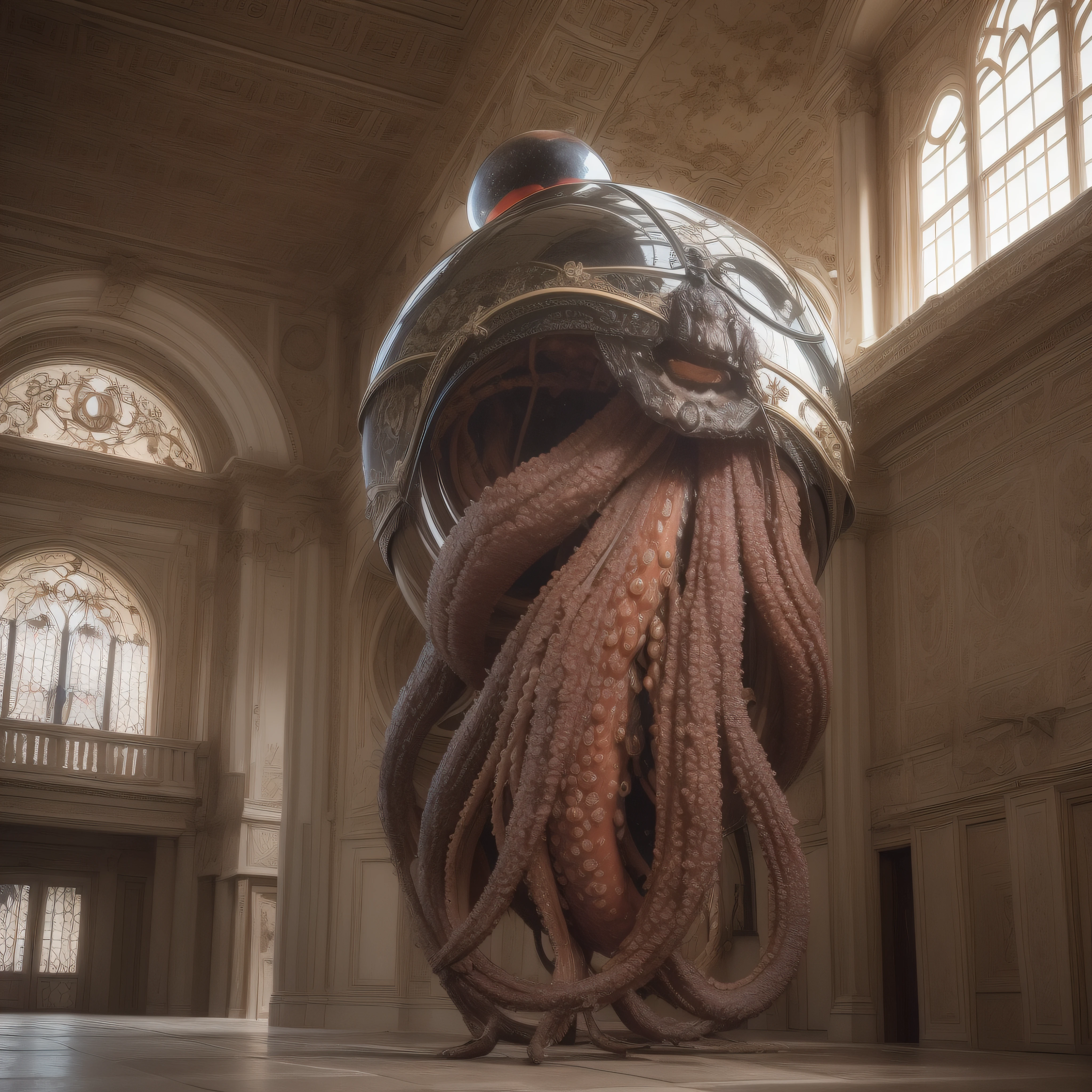 (extremadamente detallado, obra maestra, La mejor calidad), Estilo oscuro, intense illumination, rostro con arrugas, lengua larga, tentacle, deforme, monstruoso, interior de una piscina de agua verdosa, imagen submarina, alien con Colmillos finos, pico de pulpo amenazante. manchas de tinta. Rococo composition. Luz de caravaggio