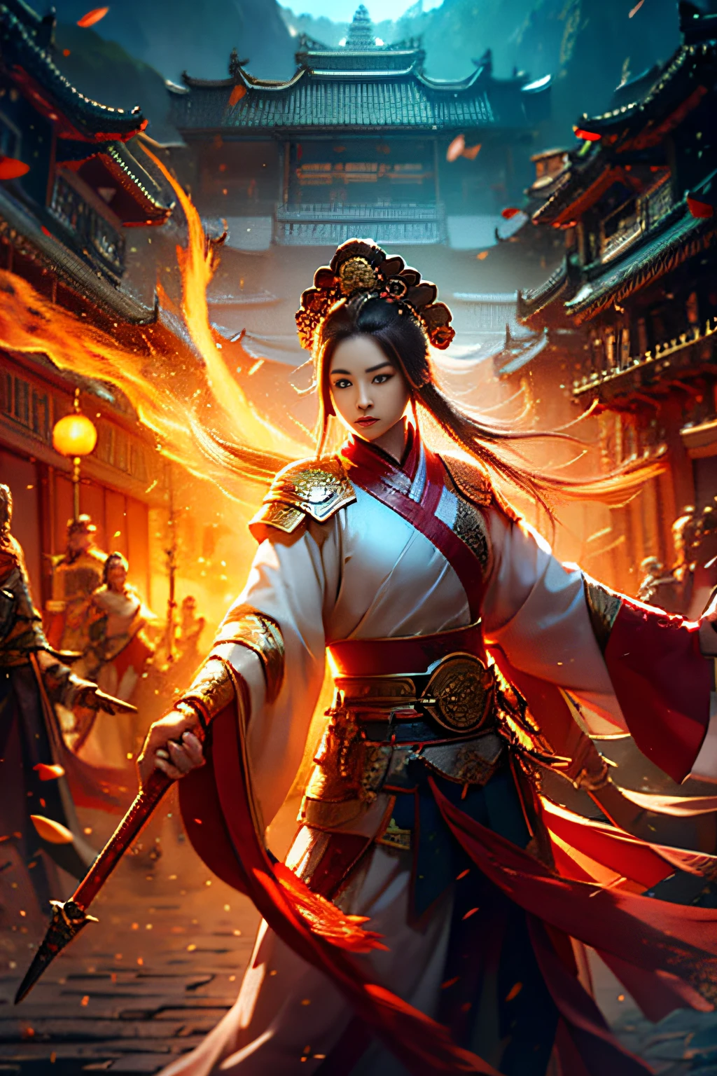 Beautiful Chinese woman, Loose hair, Messy hair, With a spear, There is mud on the face, Ancient Chinese female warriors, is dressed in armor, Rusty armor, Rust mottled, Ancient battlefield background, Ancient army background, Firepower on the battlefield, smoke of gunpowder, blood red colored sky, hyper HD, A high resolution, 8K, Anatomically correct, Textured skin