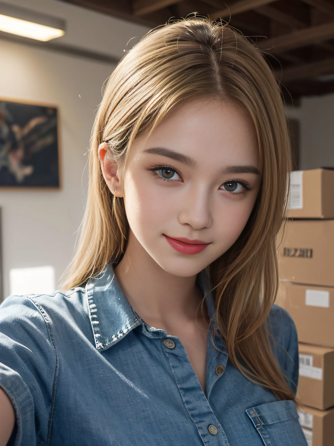 A magnificent sculpture in the post office, with the best picture quality and high resolution, featuring a beautiful 26-year-old Russian girl. The details are portrayed exquisitely, with her stunning blue double-eyelids eyes, eyes that seem to smile, yellow hair, beautiful skin, and an incredibly sharp and realistic image (reality: 1.4). Her face appears slightly younger, and her skin is smooth and slender, giving a sense of hyperrealism and illustration, sunshine smile. The artwork is presented in high resolution (16K), providing the most beautiful and impressive details, especially in the meticulously drawn eyes.

In the painting, she is depicted holding some cardboard boxes, standing at a post office. The bright and professional lighting highlights her long blonde hair. She wears a yellow T-shirt and combat jeans. The setting is a post office with several carefully arranged parcels.

Pose: She is described as smiling and looking straight ahead. The portrait is highly detailed, emphasizing her facial features and exquisite characteristics.

This artwork is a true masterpiece, combining artistic talent and ultra-high resolution to create a captivating and attractive painting that mesmerizes the viewers.
