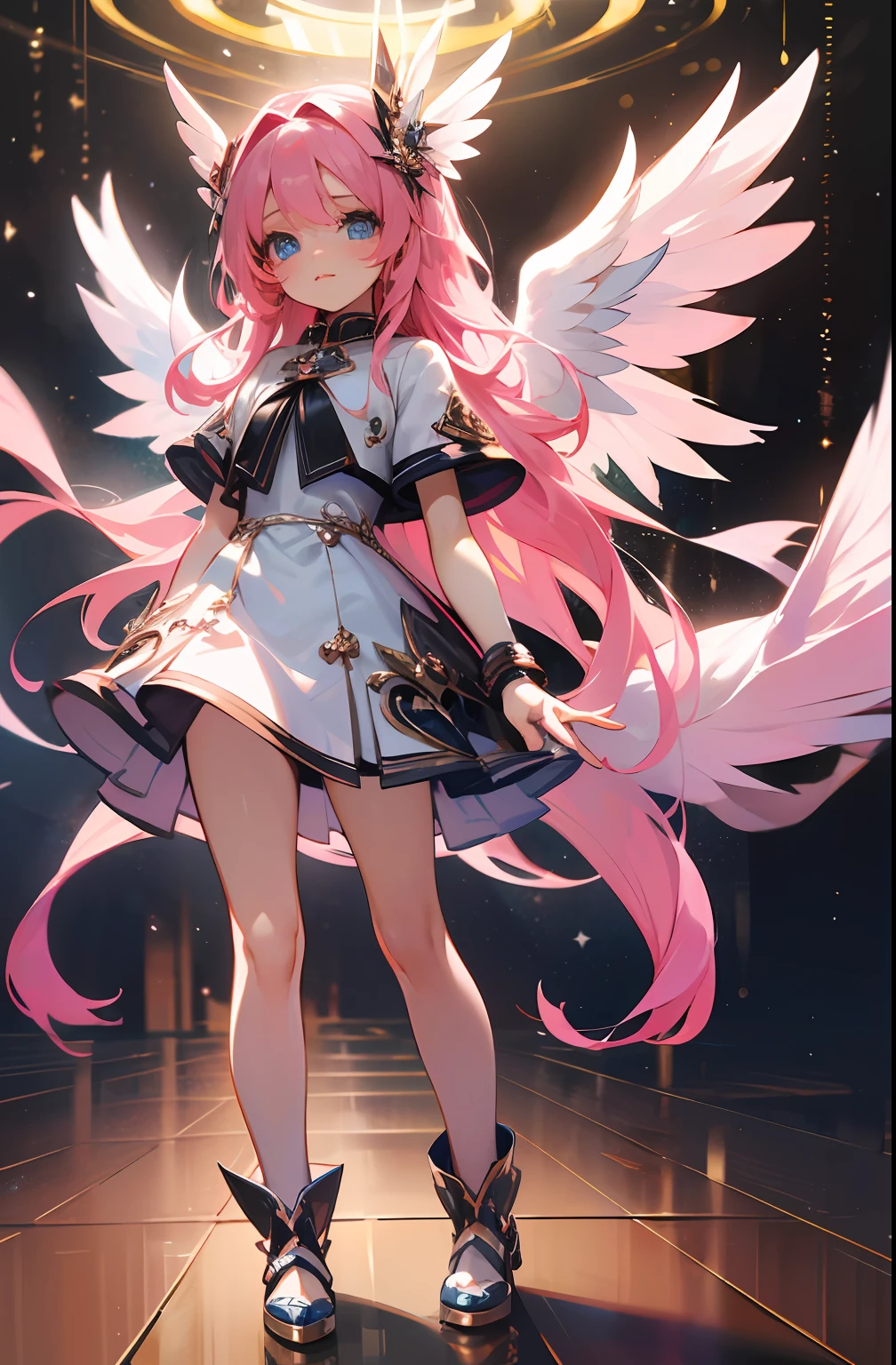 (Masterpiece: 1.4), (Best quality: 1.4), (Chibi: 1.3), (Super cute angel girl, Super detailed face, Blue eyes, Very long pink hair, Very variable hair Color: 1.4), (Angel Ring: 1.4), (Angel wings: 1.4), (Full body, perfect 2 arms, perfect 2 legs: 1.4), perfect 4 fingers: 1 thumb, light, shine, bokeh, super fine