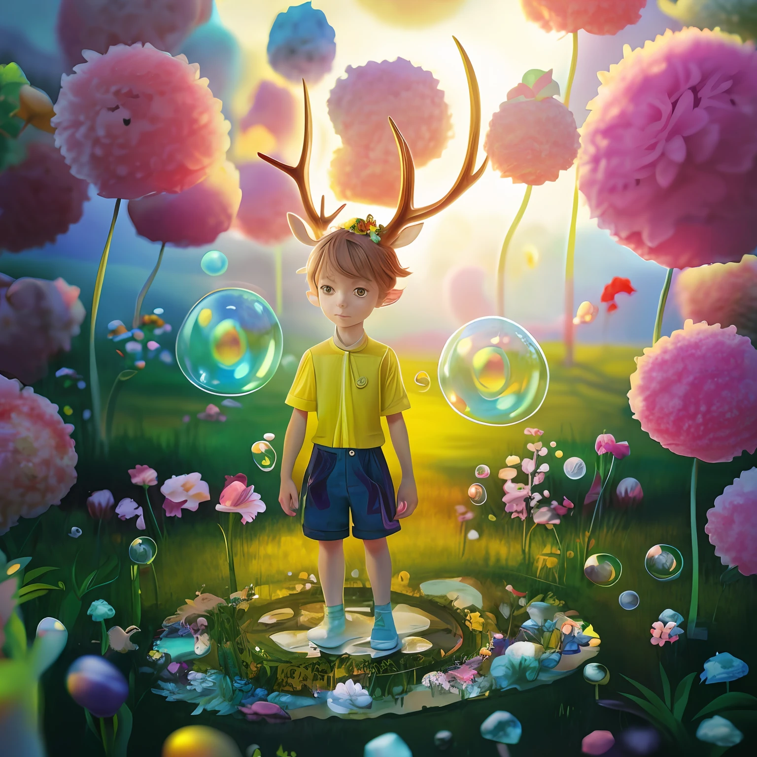 There was a boy standing in a field of flowers and bubbles, childrens art in artstation, Beeple and Jeremiah Ketner, A beautiful artwork illustration, short antlers, Cute detailed digital art, digital fantasy illustration, 3 d render stylized, lost in a dreamy fairy landscape, Realistic fantasy illustration, the flower prince, Official illustration, lovely digital painting