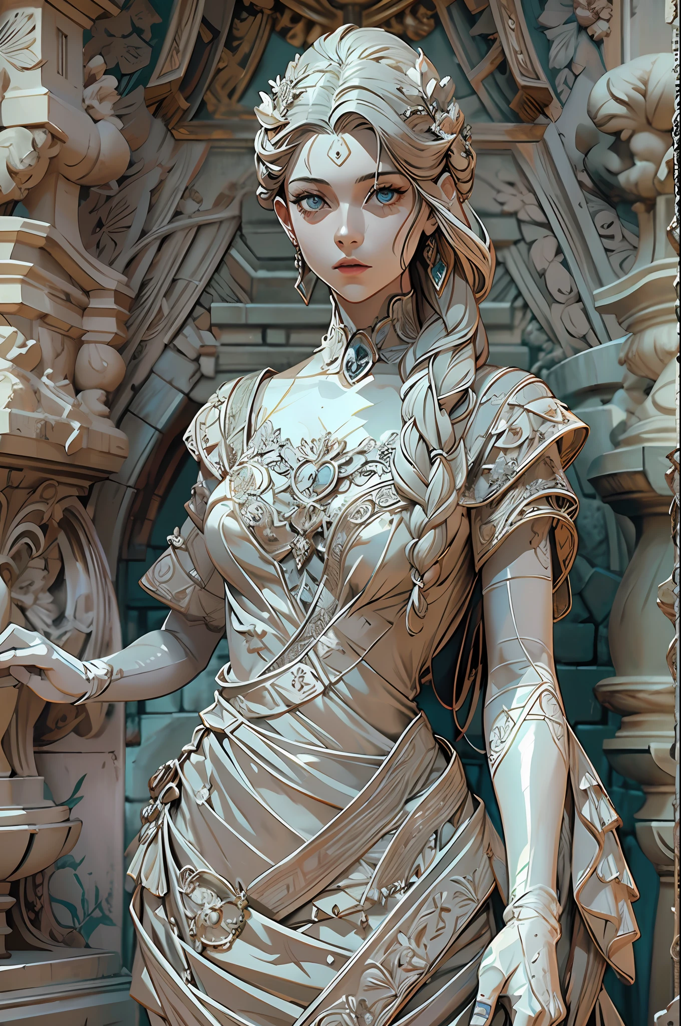 Masterpiece, photo realistic, 8 k, bust shot, hyper detailed, royal, Beautiful elegant Caucasian 20 year old woman, vintage hairstyle and clothing, imagined as a intricate extremely detailed stone statue, (plastic look:1.4), withered stone, statues colour is monochromatic
