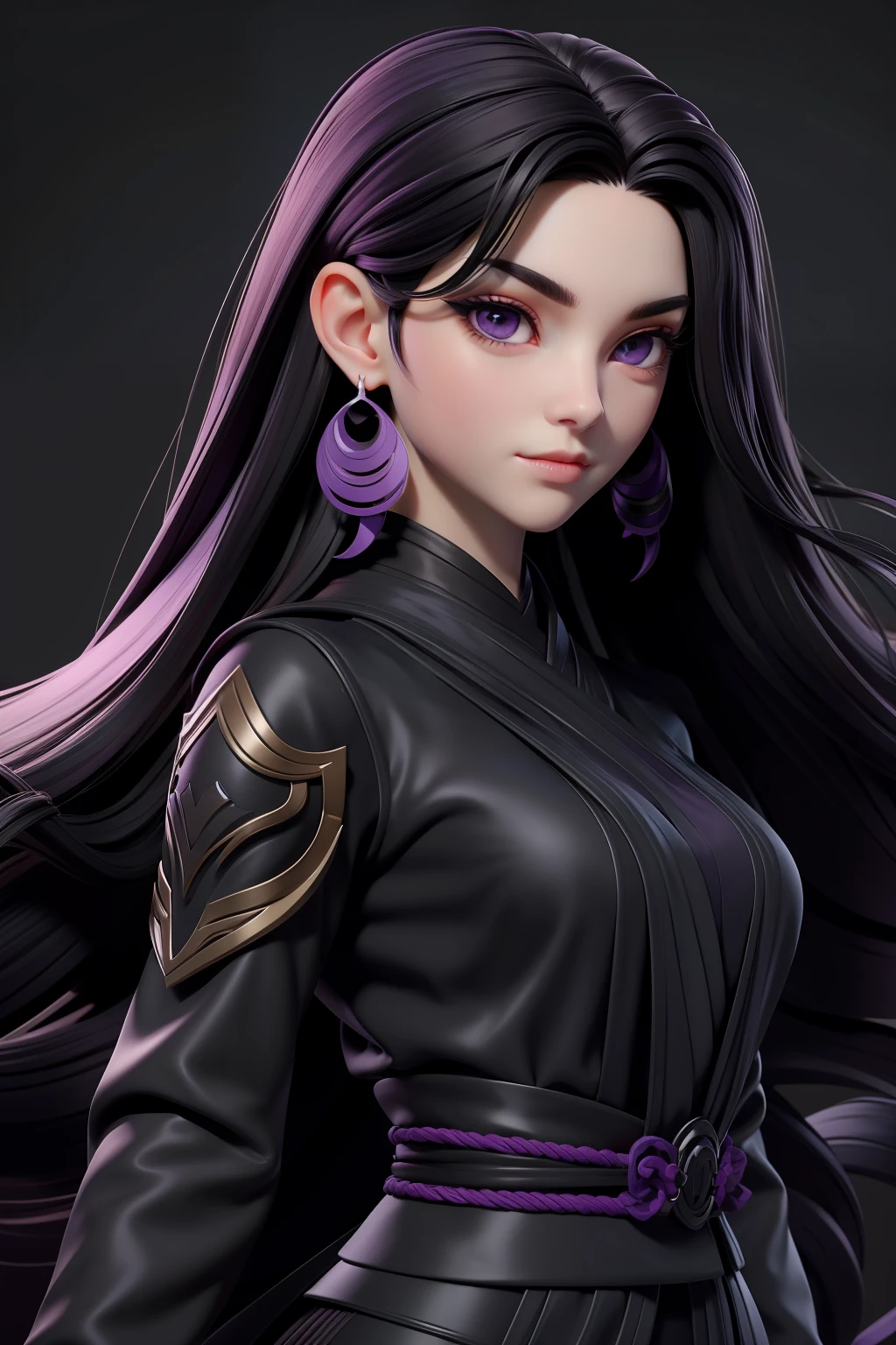 masterpiece, best quality, 1 girl, purple eyes, pale skin, dark black hair, long hair, earrings, jewelry, japanese, black clothes, ninja, simple background, solo, upper body, wavy hair