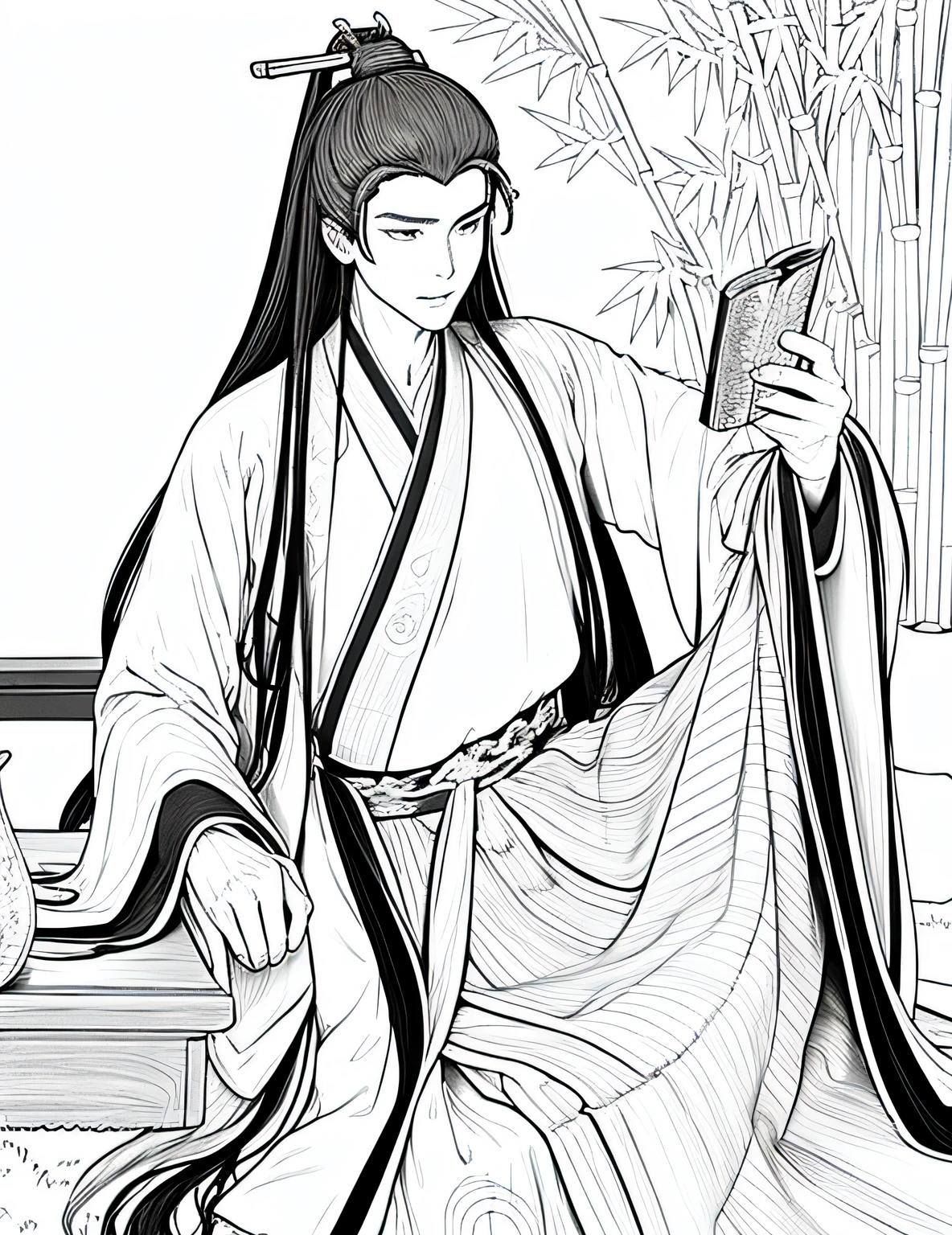 coloring page, no color, no shading, simple line sketch: The young man wears an ancient hanfu, long hair in a feudal style, holds a old book, studying, bamboo table and chair, (extremely intricate:1.2), (sketch, doodles, monochrome, lineart:1.2) (by WLOP:1.3) outline