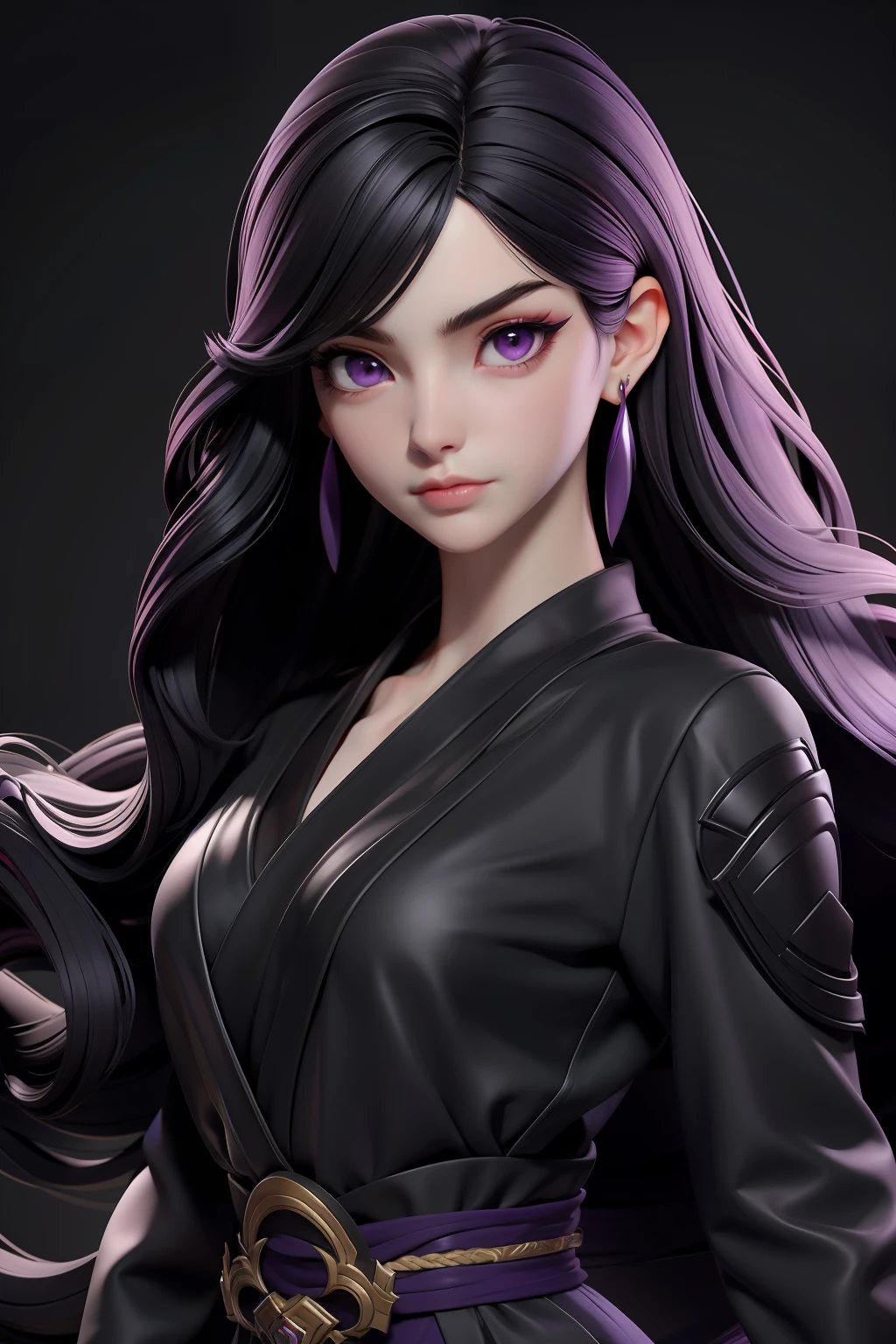 masterpiece, best quality, 1 girl, purple eyes, pale skin, dark black hair, long hair, earrings, jewelry, japanese, black clothes, ninja, simple background, solo, upper body, wavy hair