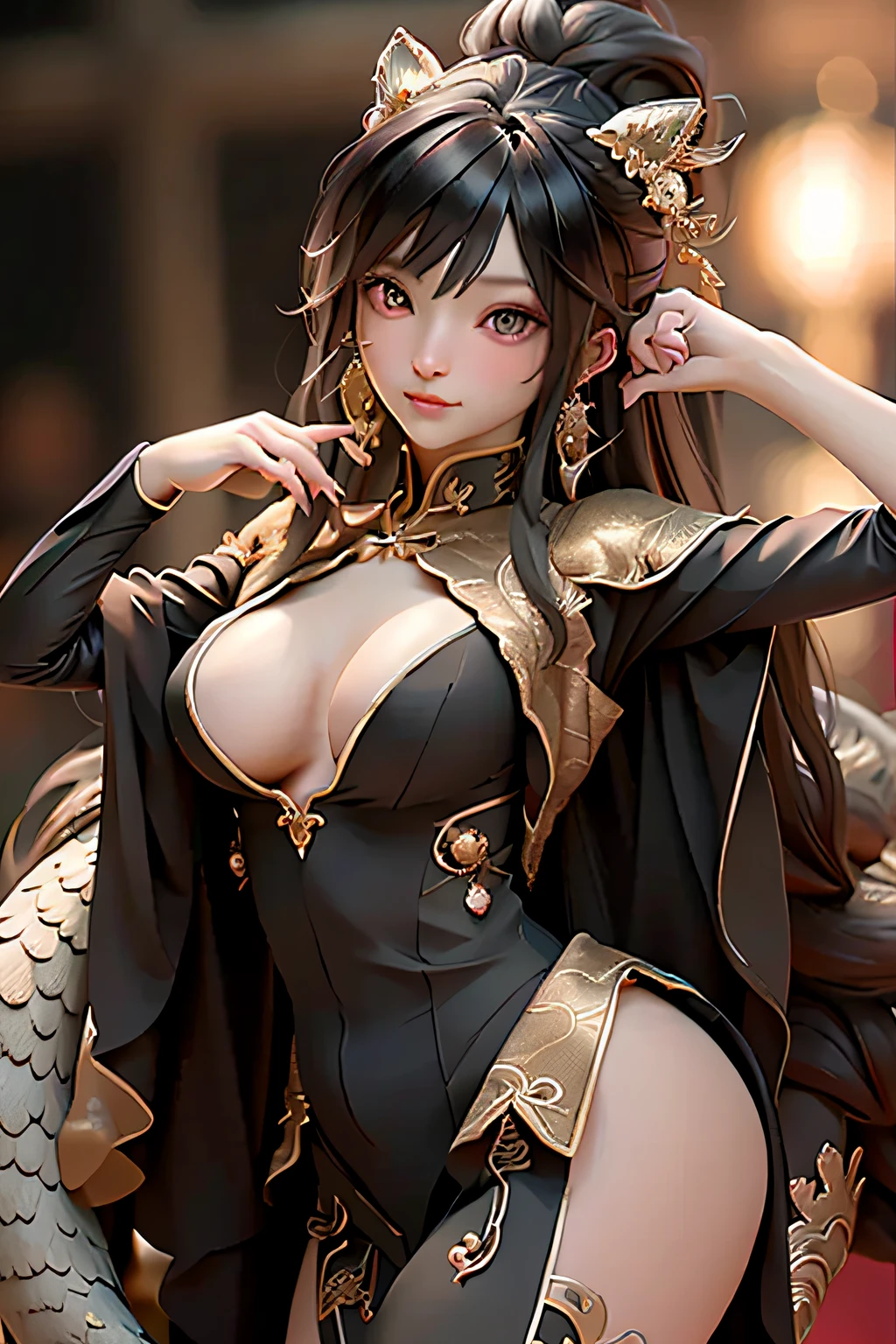 An Arad woman dressed in black and gold holds a dragon, by Yang J, author:Oliver Sheen, 8K high quality detailed art, trending on cgstation, 2. 5 D CGI anime fantasy artwork, chengwei pan on artstation, Fanart Meilleure ArtStation, Detailed digital anime art, the dragon girl portrait, Dragon girl, By Li Song
