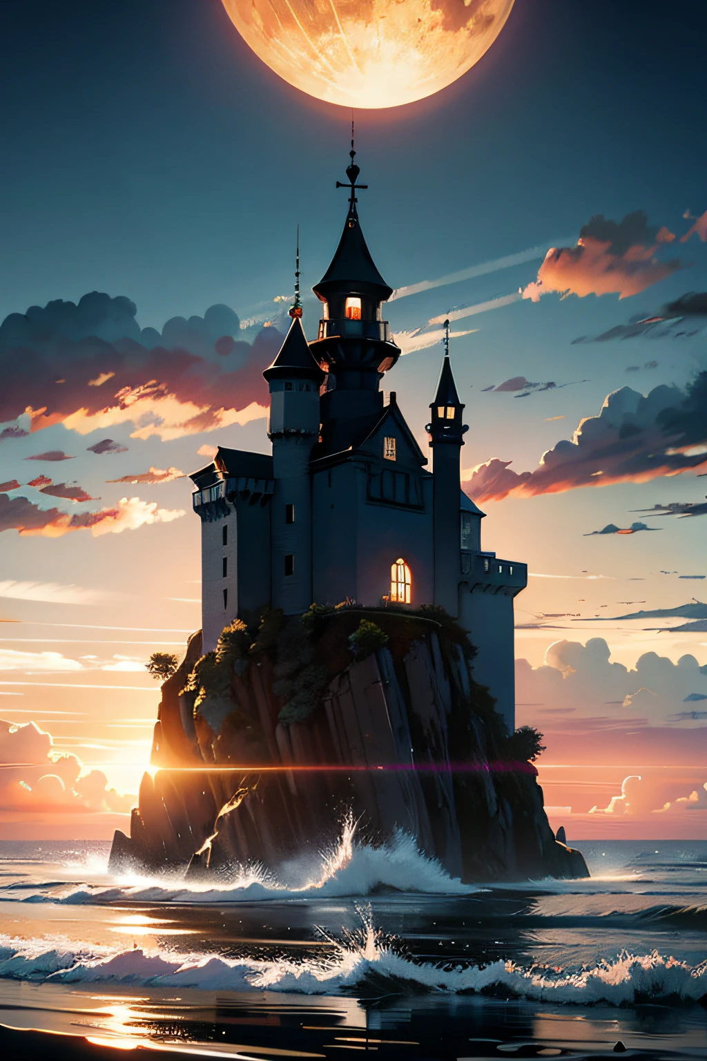 Late Century,the setting sun,There are five floating islands in the sky,Hanging Island,Tyndall Light,Clouds,a medieval castle,Cold and warm contrast,超高分辨率, (Masterpiece:1.4), ultra - detailed, Look up, the space, afloat, --v 6