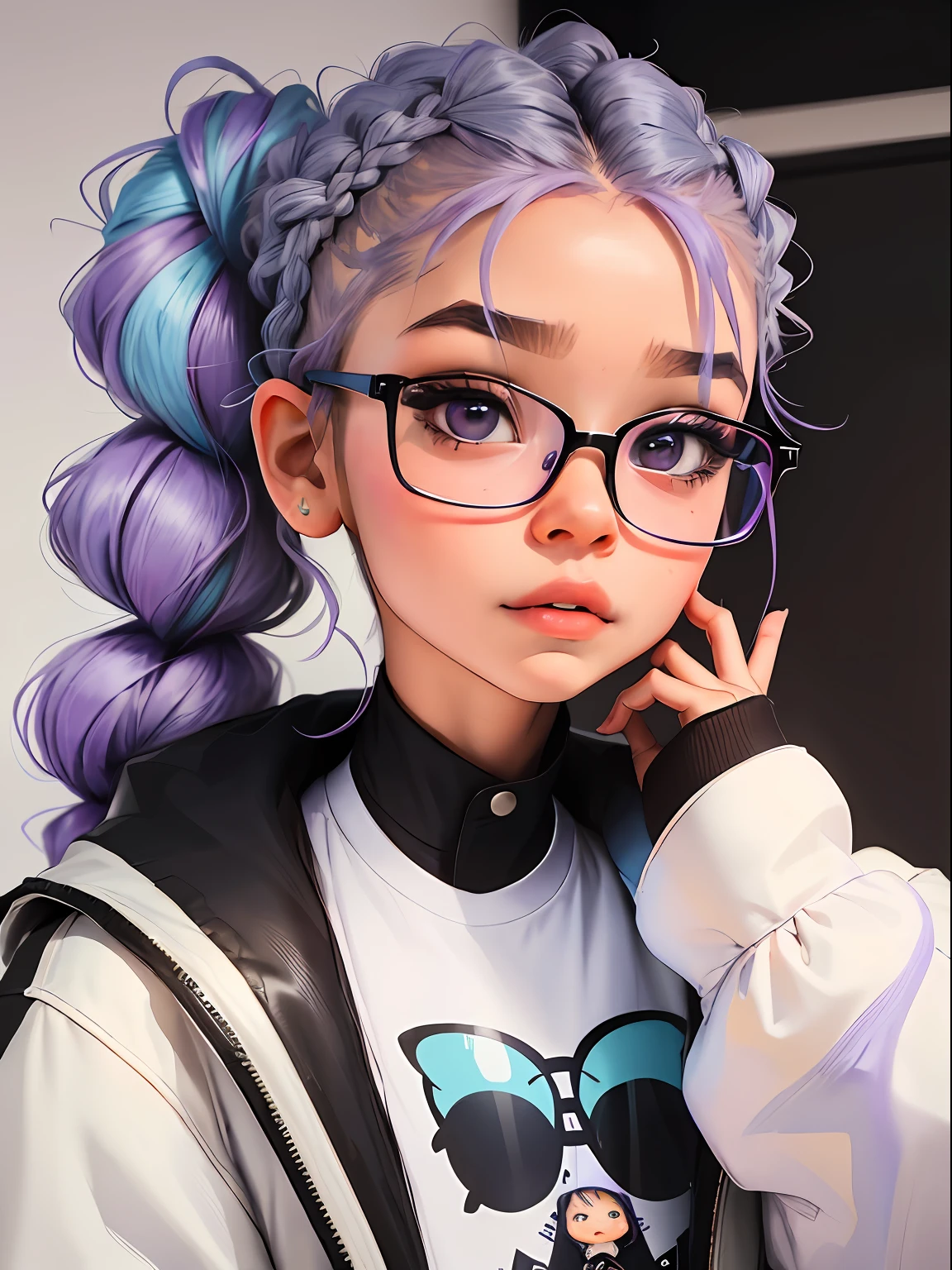 Loli menina, bonita e fofa, wearing prescription glasses, jaqueta amarela, moletom branco, babyface, estilo chibi, two-color lilac and blue hair, braided hair ponytail, olhos de detalhe perfeito, rosto delicado, CG perfeito, qualidade de imagem HD, fundo simples